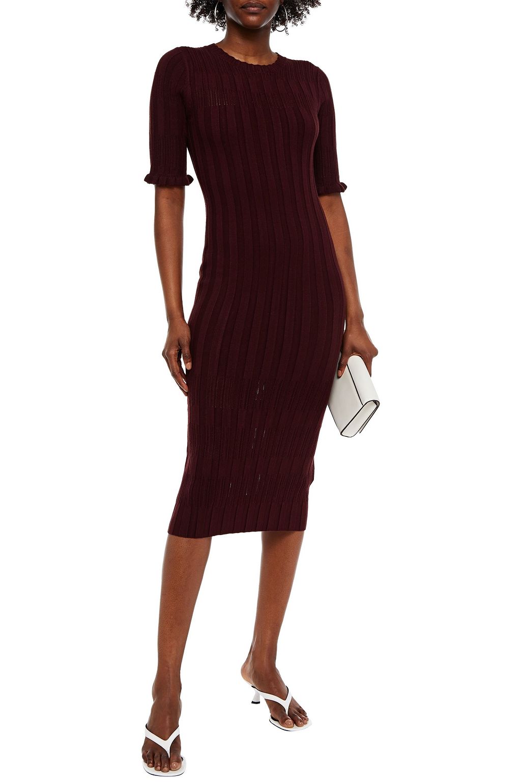 JOIE Pointelle-trimmed ribbed-knit midi dress