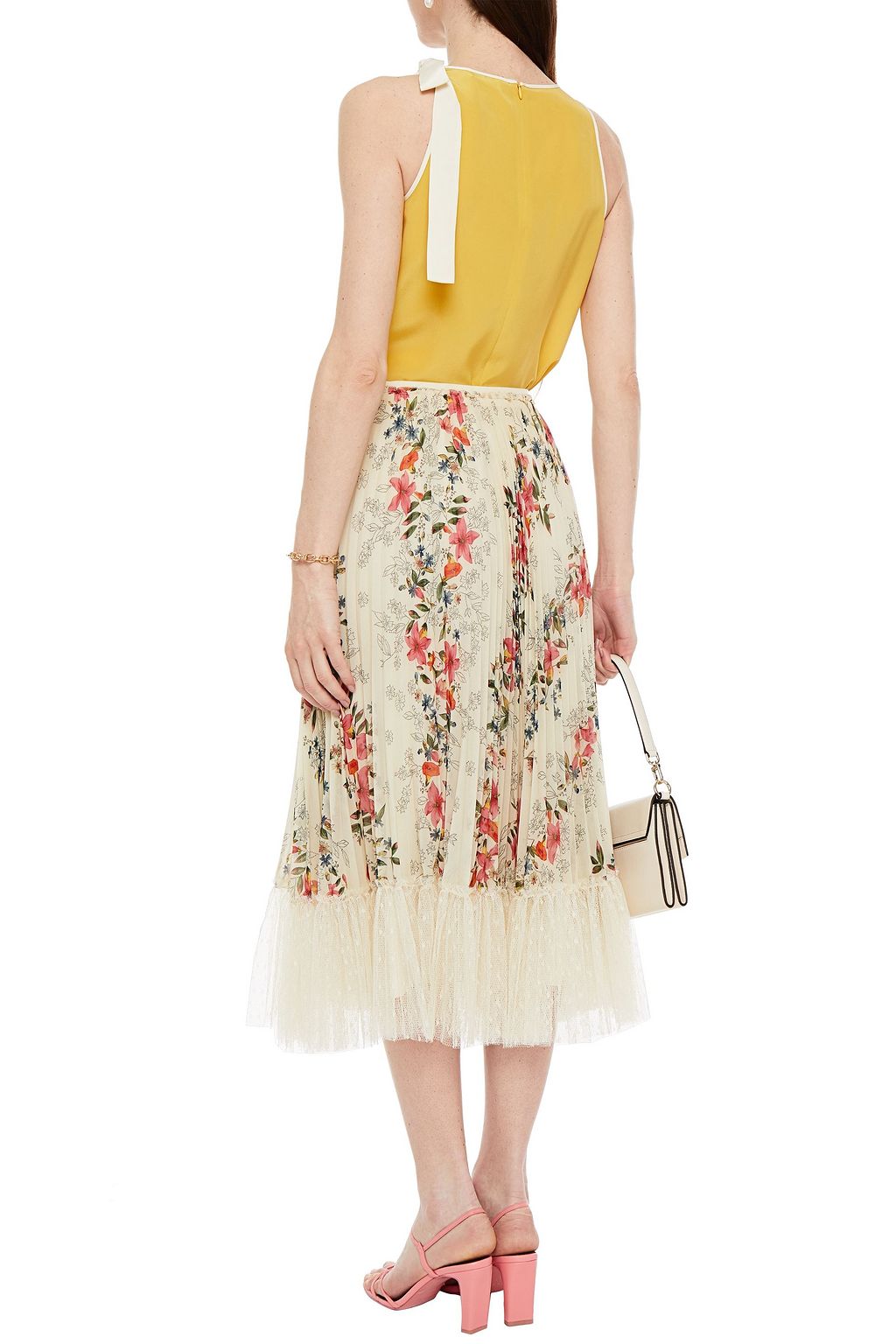 REDVALENTINO تنورة متوسطة الطول من قماش كريب دي شين المطبّع بالرسومات وبتقليمات من قماش بوان ديسبري