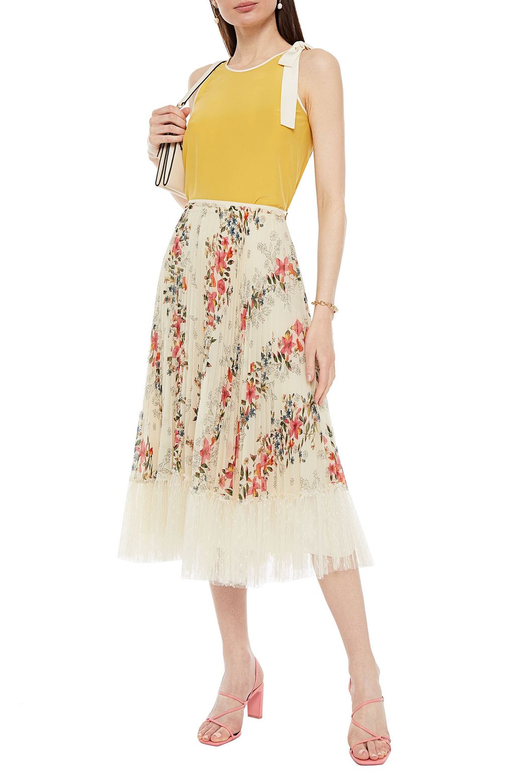 REDVALENTINO تنورة متوسطة الطول من قماش كريب دي شين المطبّع بالرسومات وبتقليمات من قماش بوان ديسبري