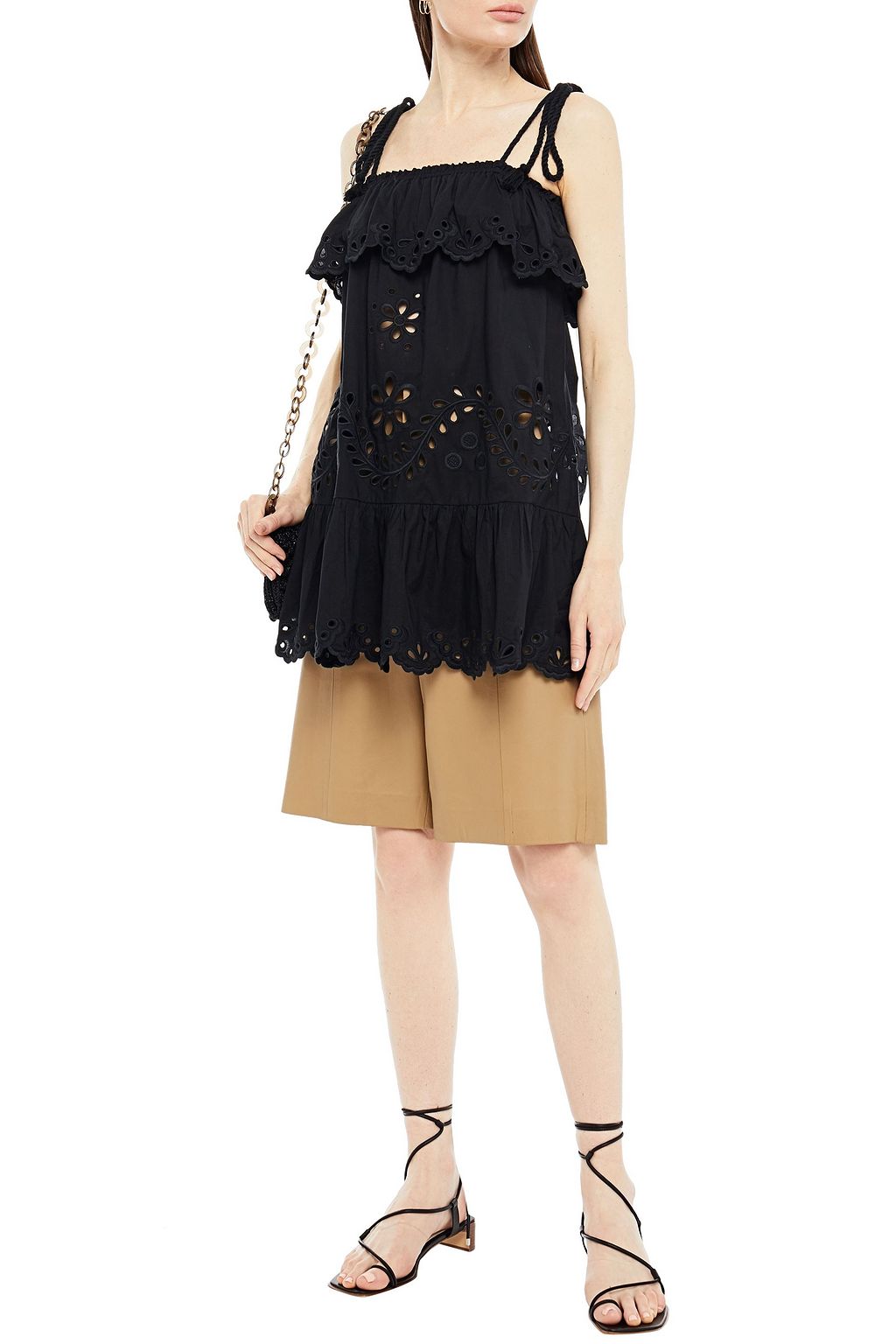 REDVALENTINO Cold-shoulder ruffled broderie anglaise cotton top