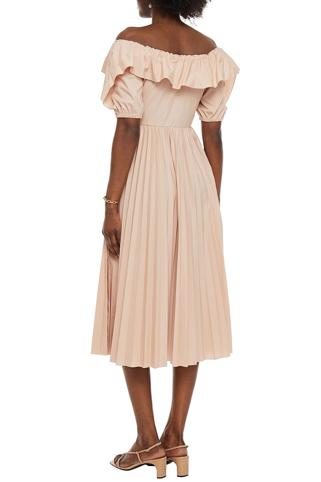 REDVALENTINO فستان متوسط الطول من البوبلين المصنوع من مزيج القطن بتصميم مكشكش مكشوف الكتفين