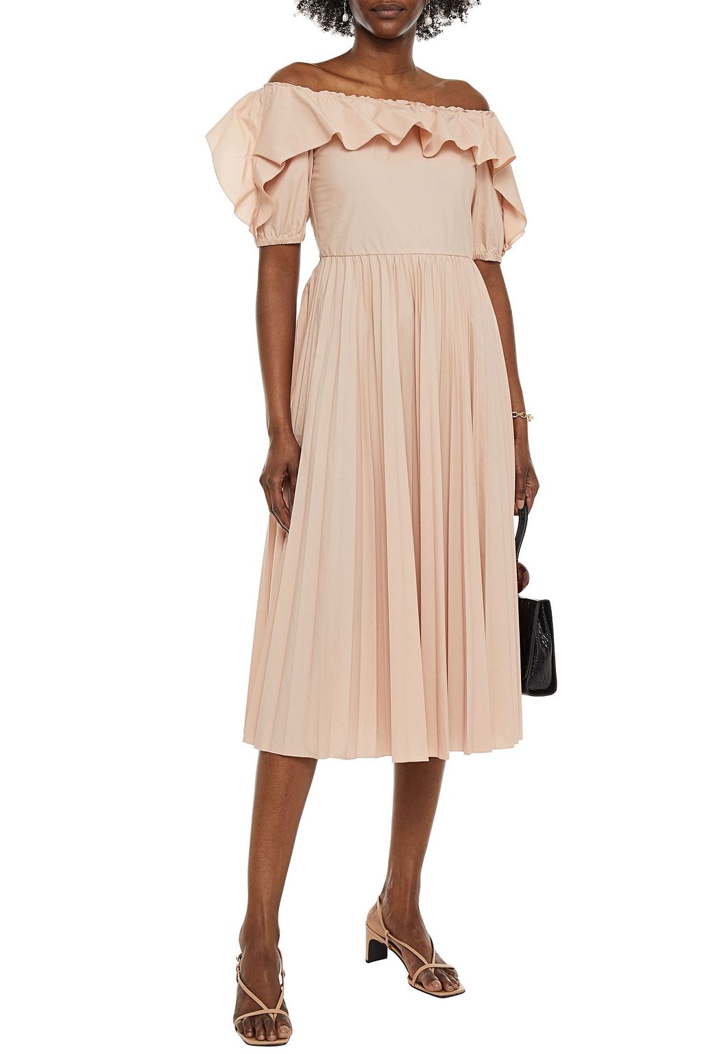REDVALENTINO فستان متوسط الطول من البوبلين المصنوع من مزيج القطن بتصميم مكشكش مكشوف الكتفين