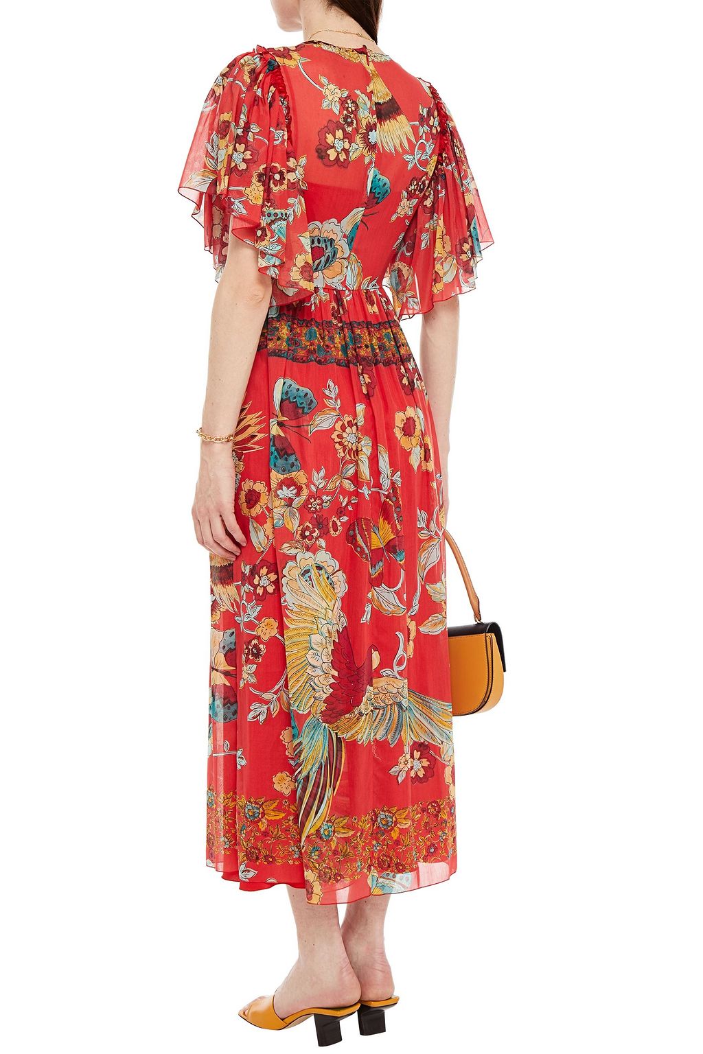 REDVALENTINO Gathered printed cotton and silk-blend voile midi dress