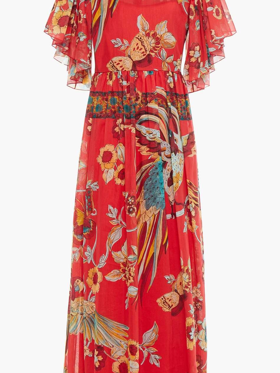 gathered printed cotton and silk-blend voile midi dress