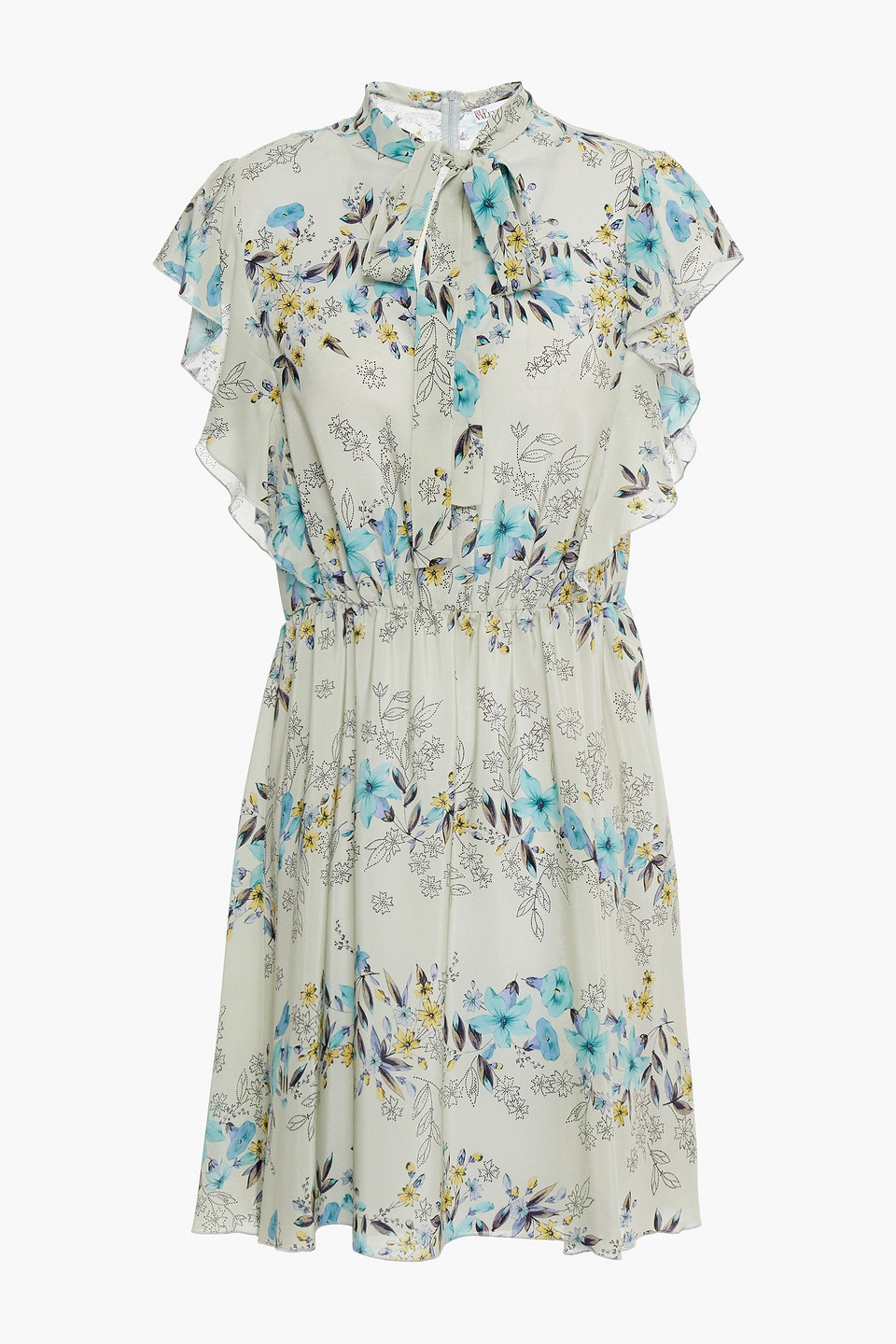 Redvalentino Woman Tie-neck Ruffled Floral-print Silk Crepe De Chine Mini Dress Sage Green Size 40