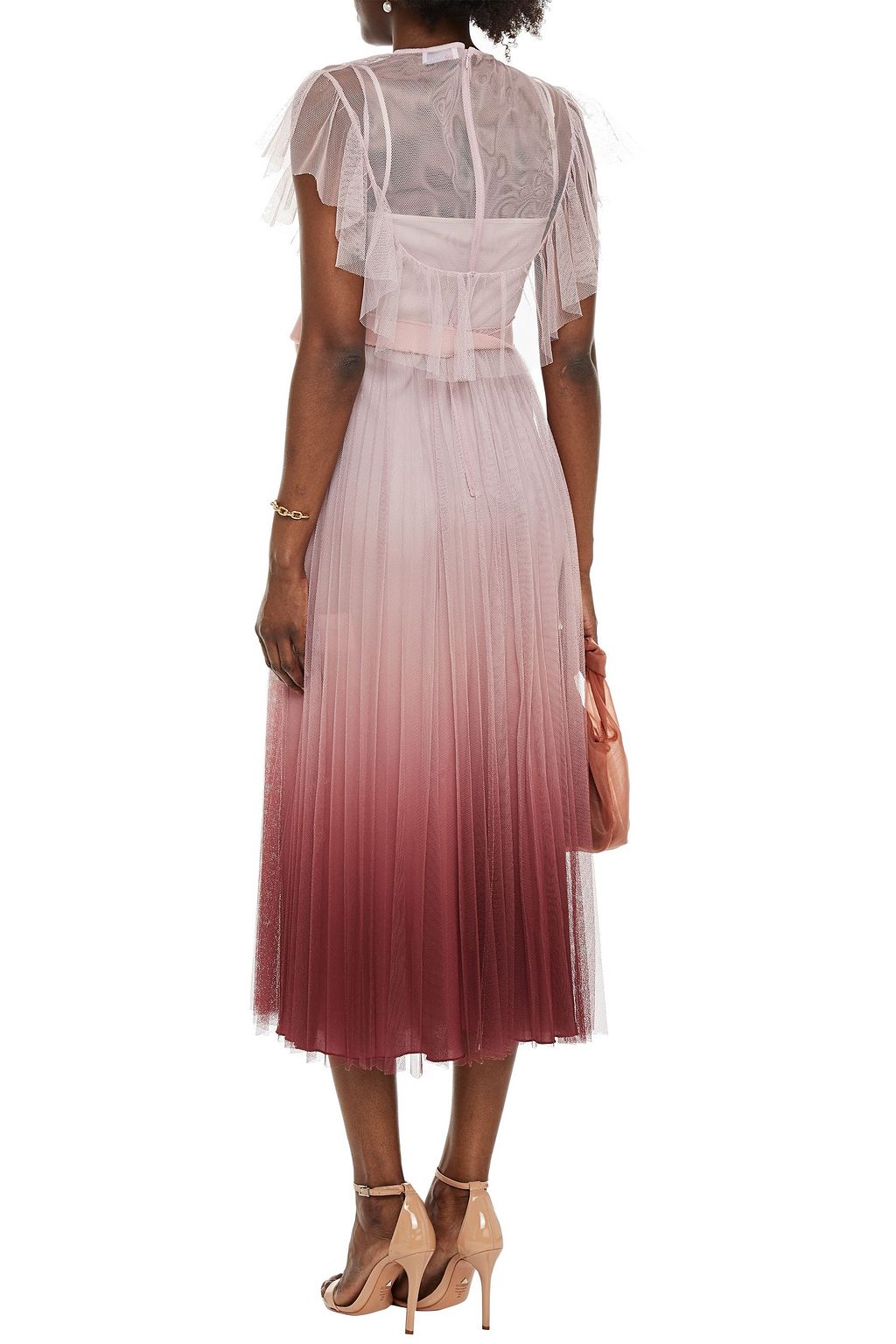 REDVALENTINO فستان متوسط الطول مصنوع من التول بتصميم متدرّج الألوان ومزين بكسرات