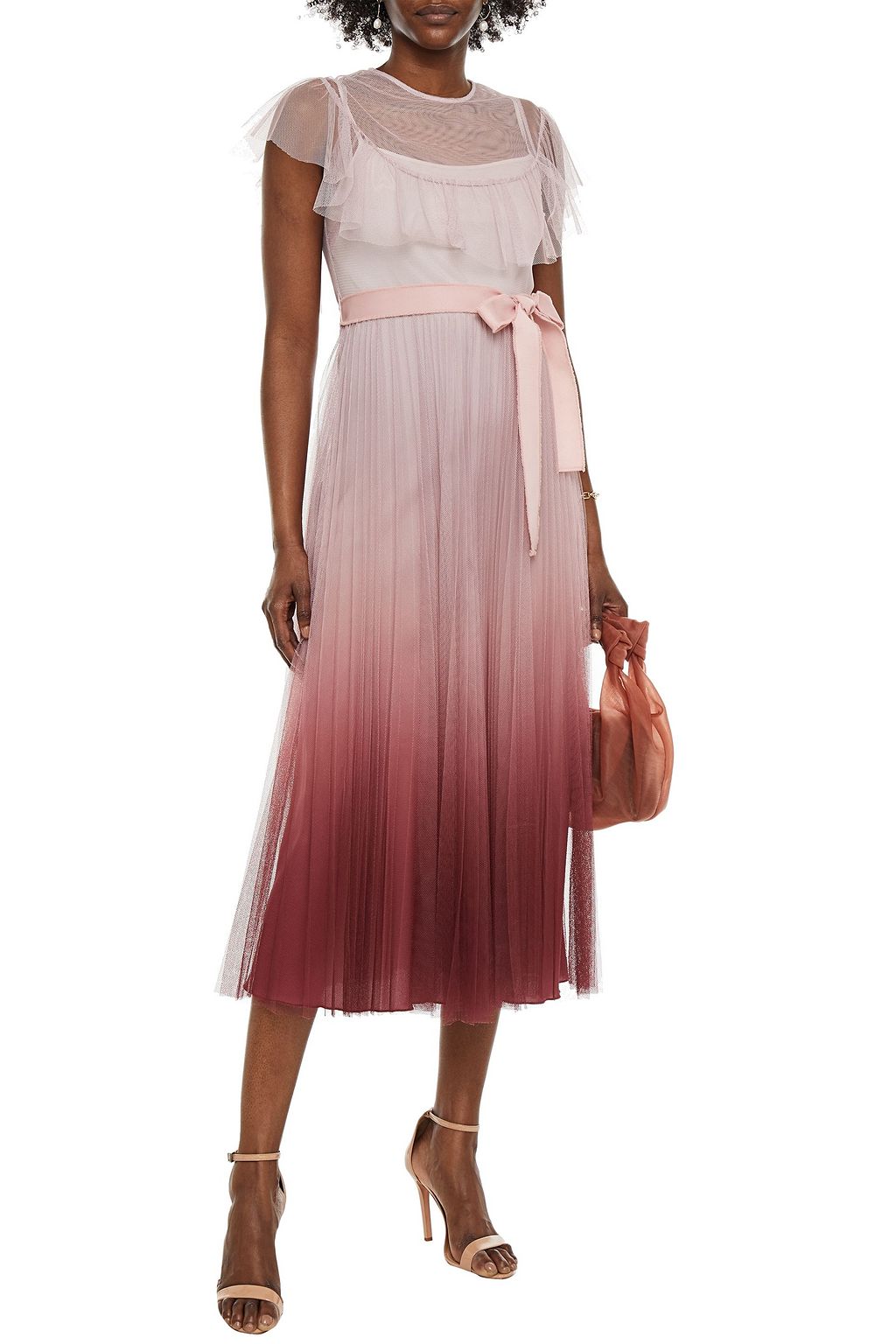 REDVALENTINO فستان متوسط الطول مصنوع من التول بتصميم متدرّج الألوان ومزين بكسرات