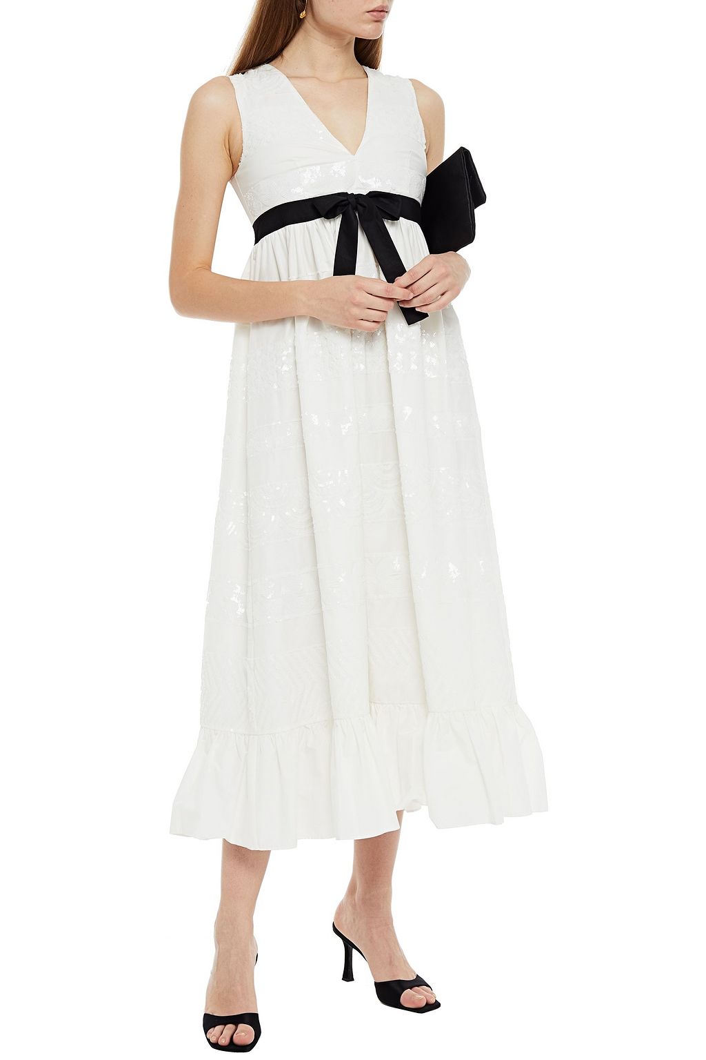 REDVALENTINO Bow-detailed embellished cotton-poplin midi dress