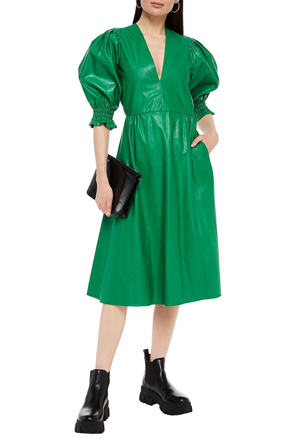 MSGM Gathered faux leather midi dress
