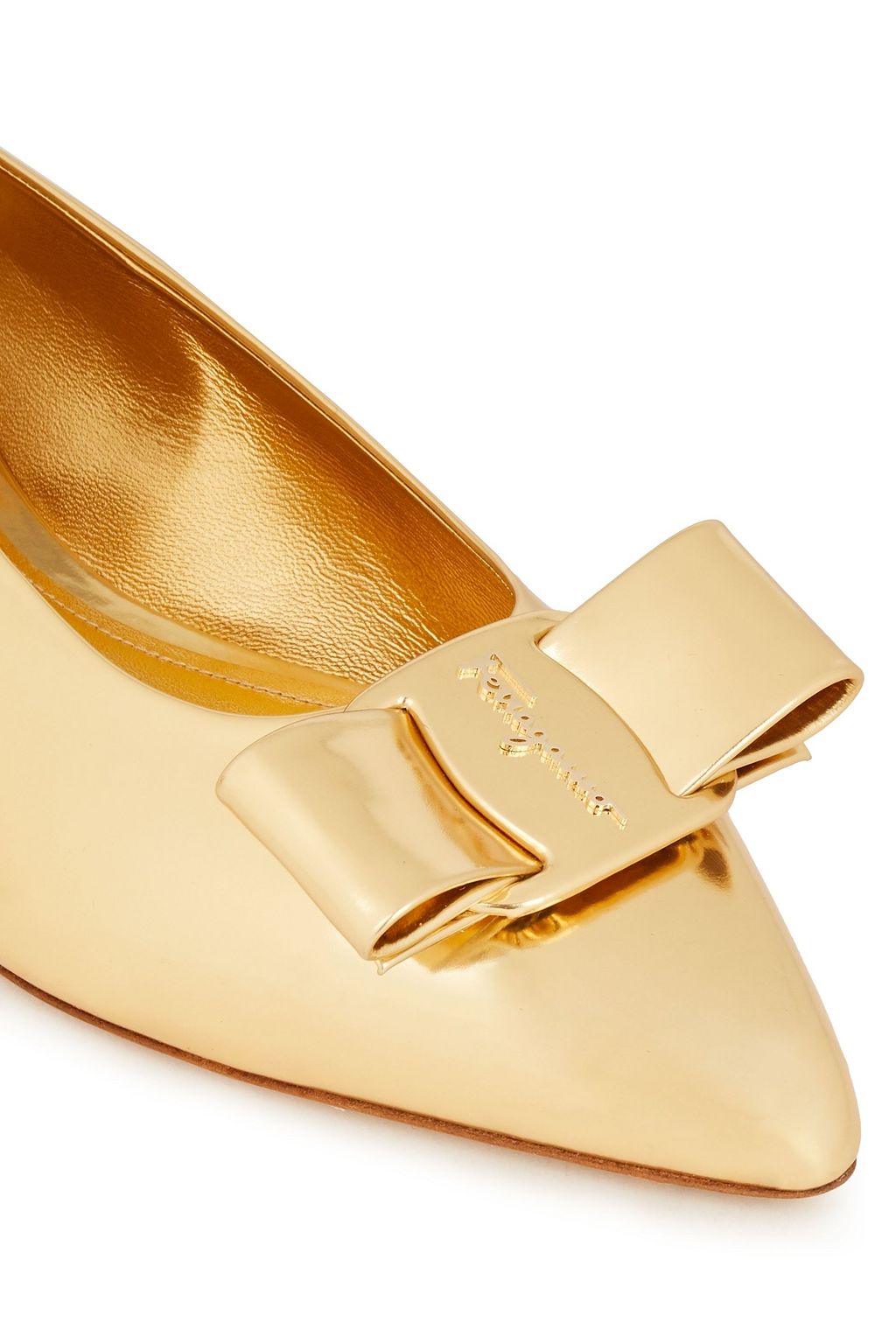 FERRAGAMO Viva bow-embellished mirrored-leather point-toe flats