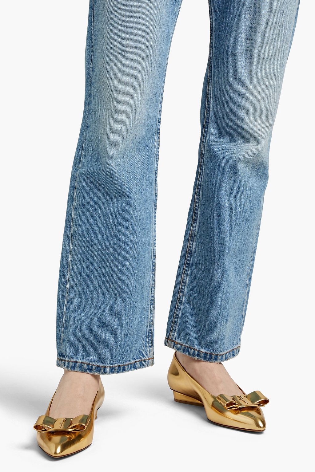 FERRAGAMO Viva bow-embellished mirrored-leather point-toe flats