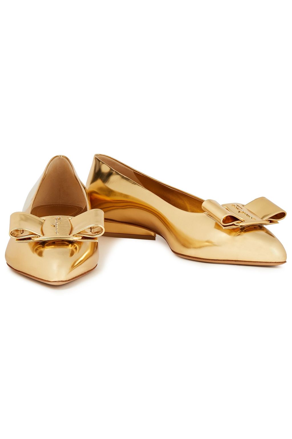 FERRAGAMO Viva bow-embellished mirrored-leather point-toe flats