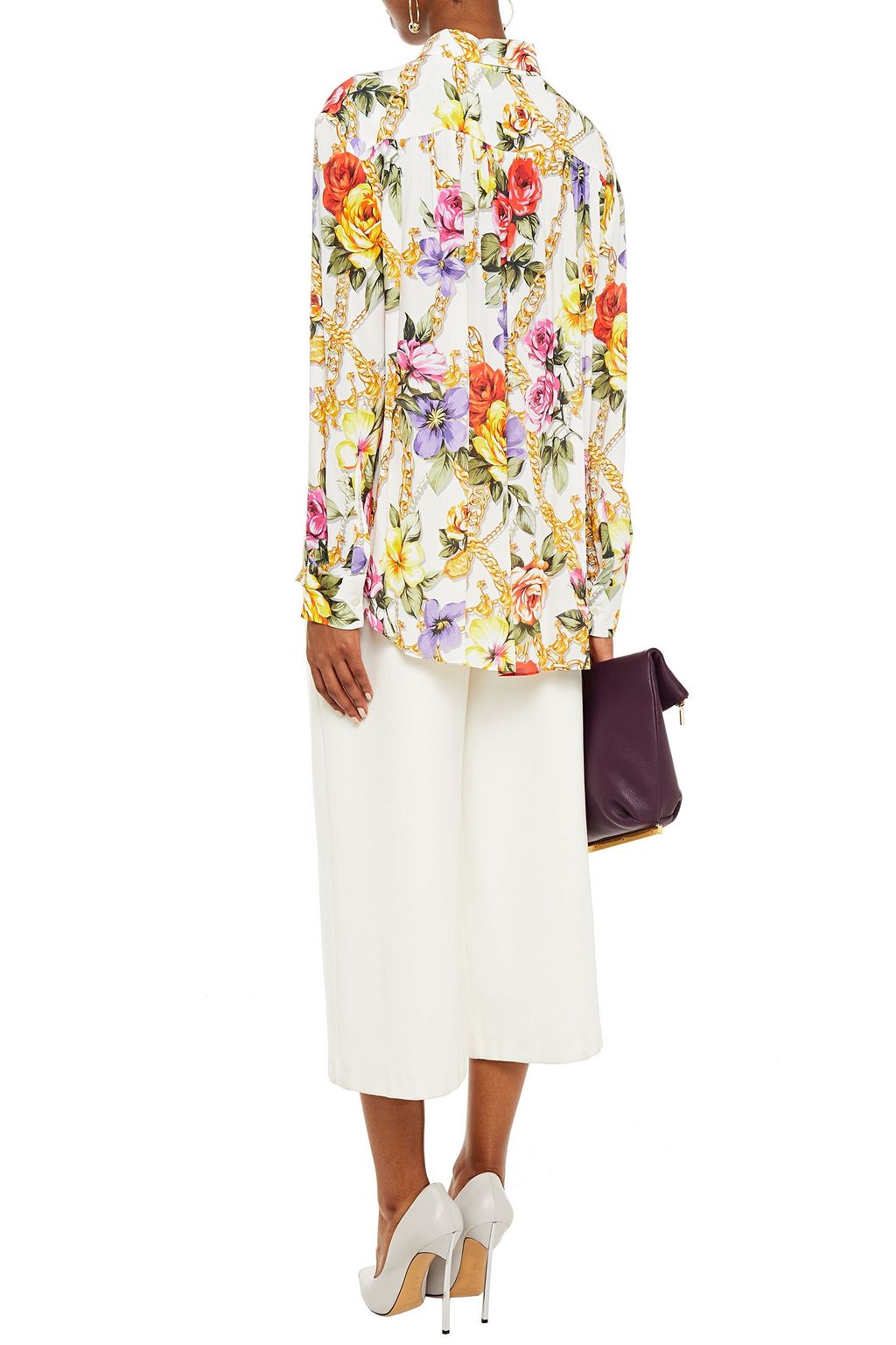 BOUTIQUE MOSCHINO Pussy-bow floral-print crepe de chine shirt