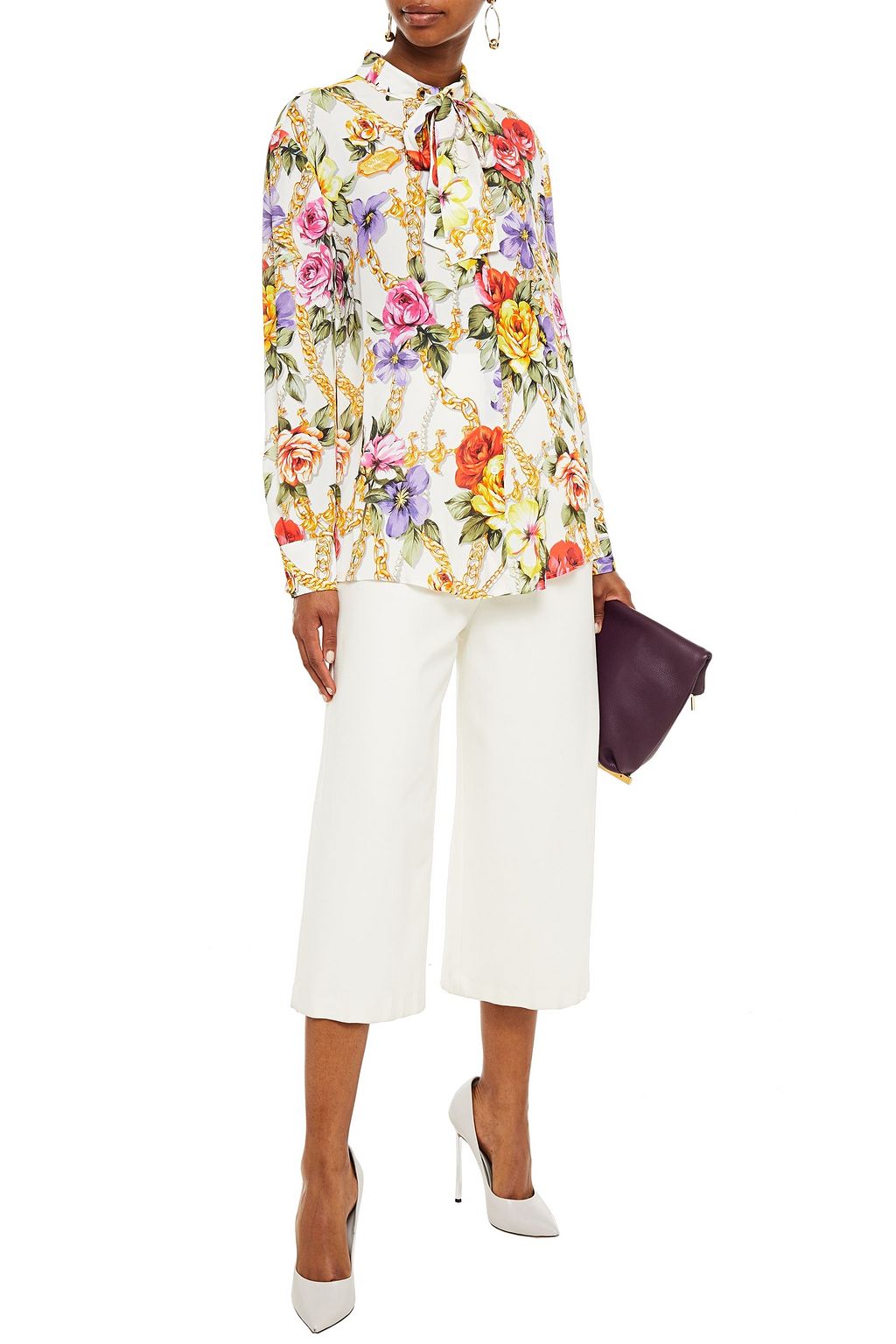 BOUTIQUE MOSCHINO Pussy-bow floral-print crepe de chine shirt