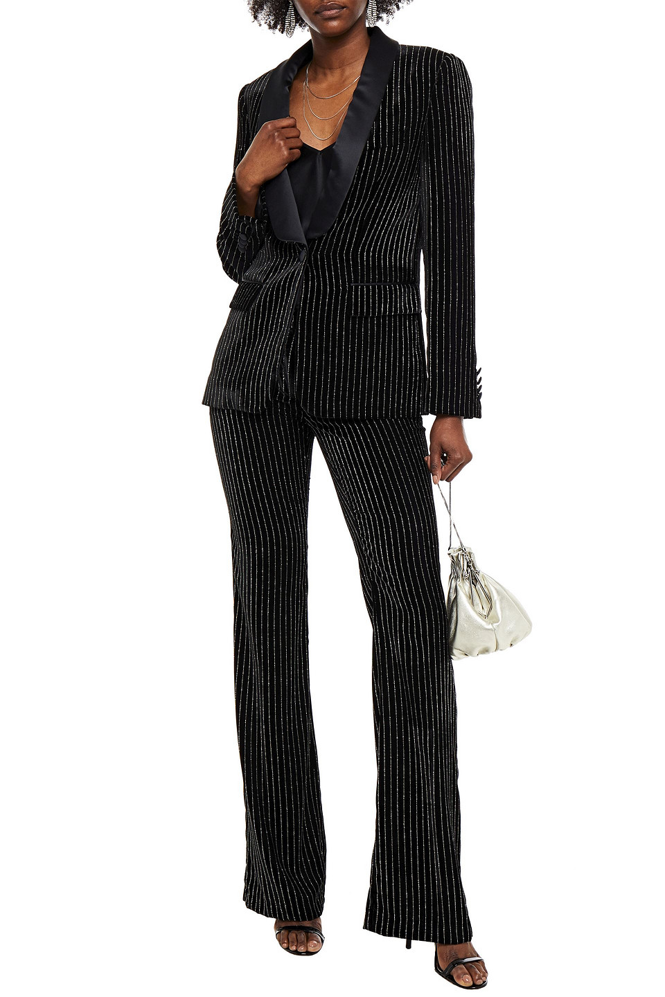 Redemption Satin-trimmed Glittered Pinstriped Velvet Blazer In Black