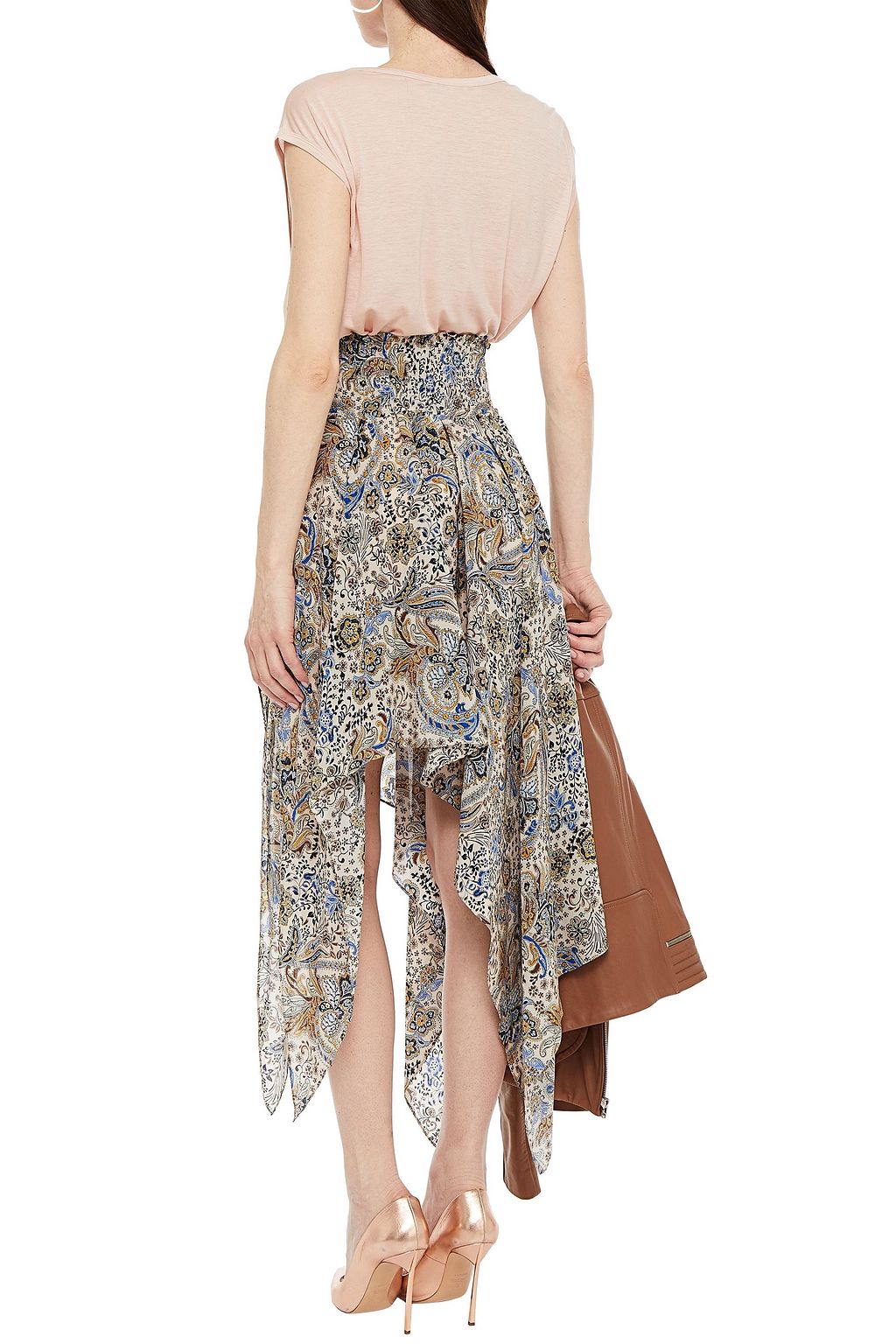 REDEMPTION Asymmetric shirred printed silk crepe de chine midi skirt