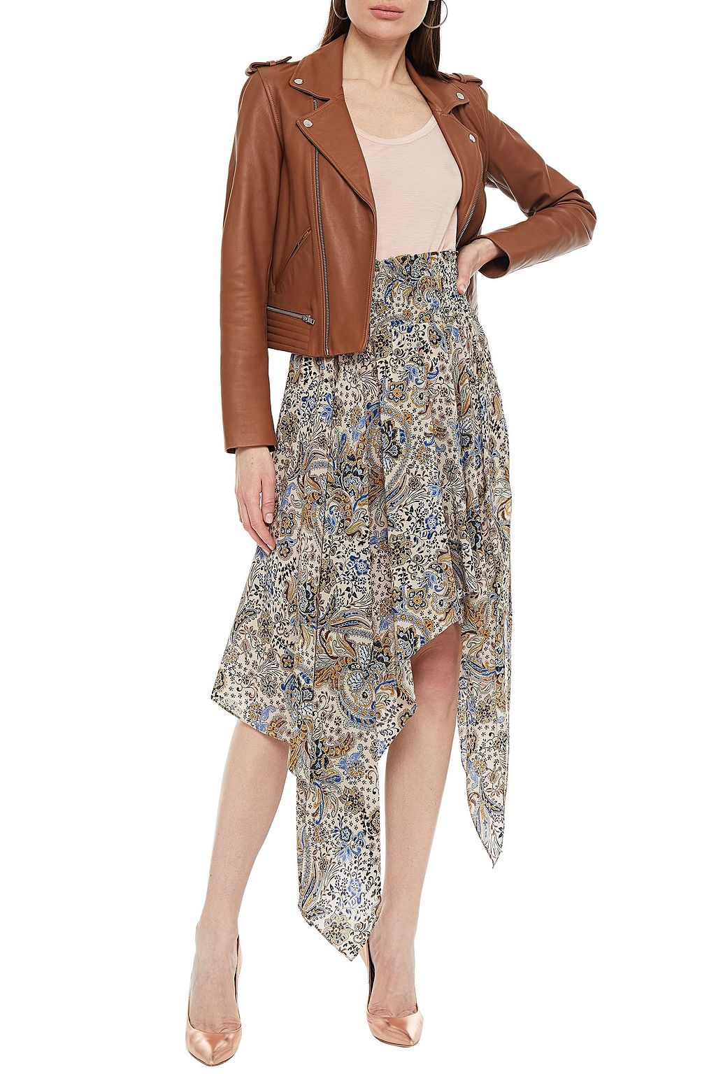 REDEMPTION Asymmetric shirred printed silk crepe de chine midi skirt
