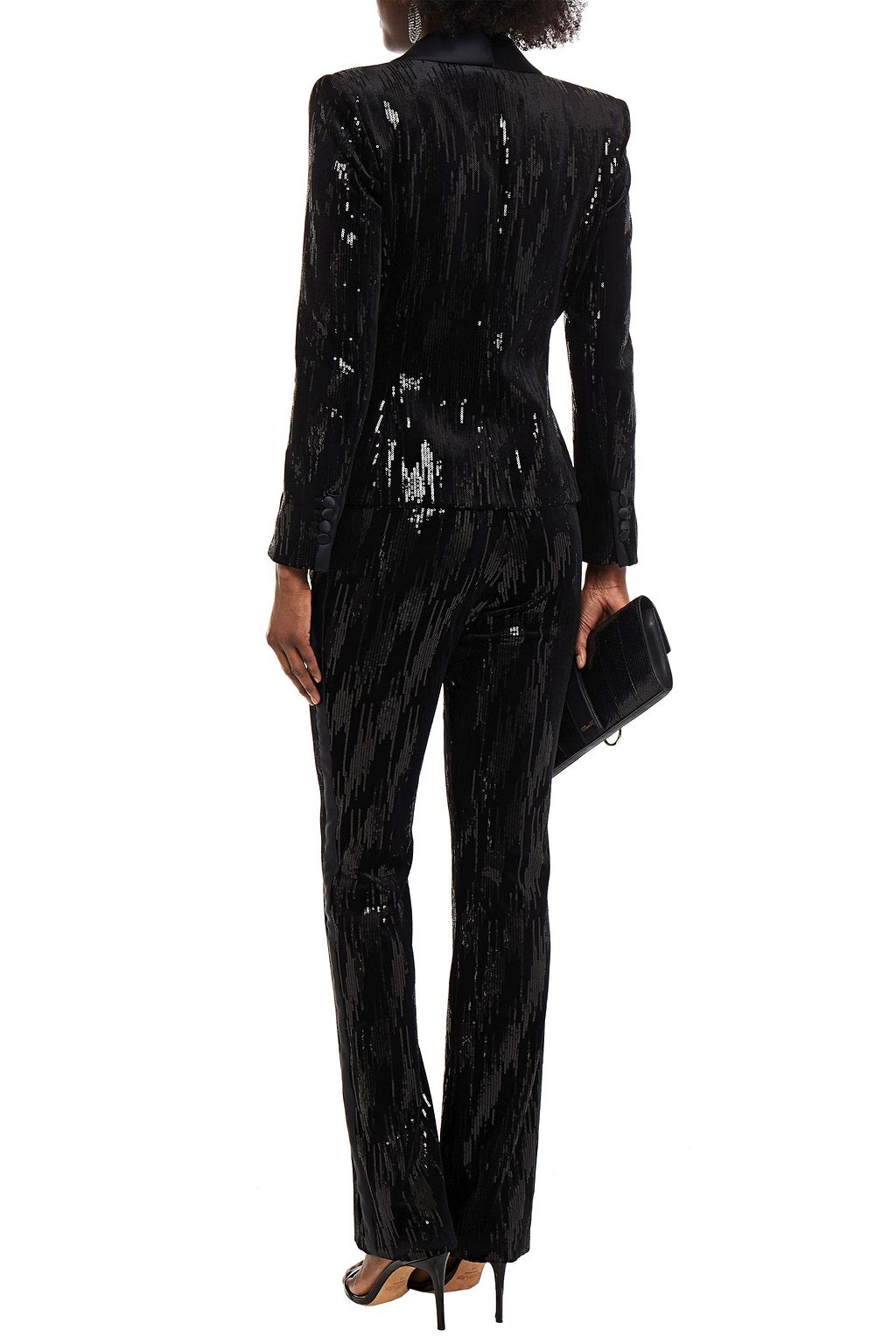 REDEMPTION Satin-trimmed sequined stretch-velvet straight-leg pants