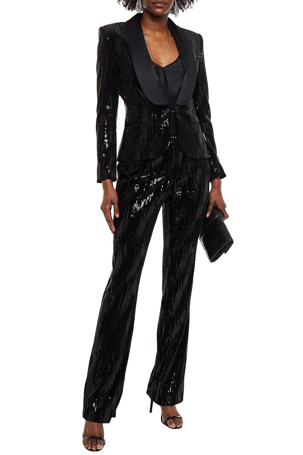 REDEMPTION Satin-trimmed sequined stretch-velvet straight-leg pants