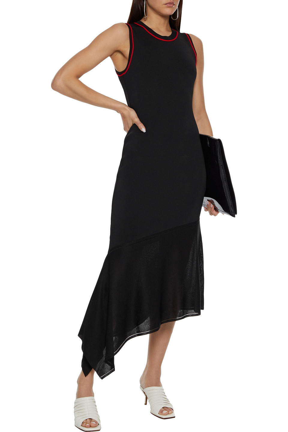 Click to view more detailed imagery on our partner's website Victoria Beckham Asymmetric Fluted Stretch-knit Midi Dress In Black