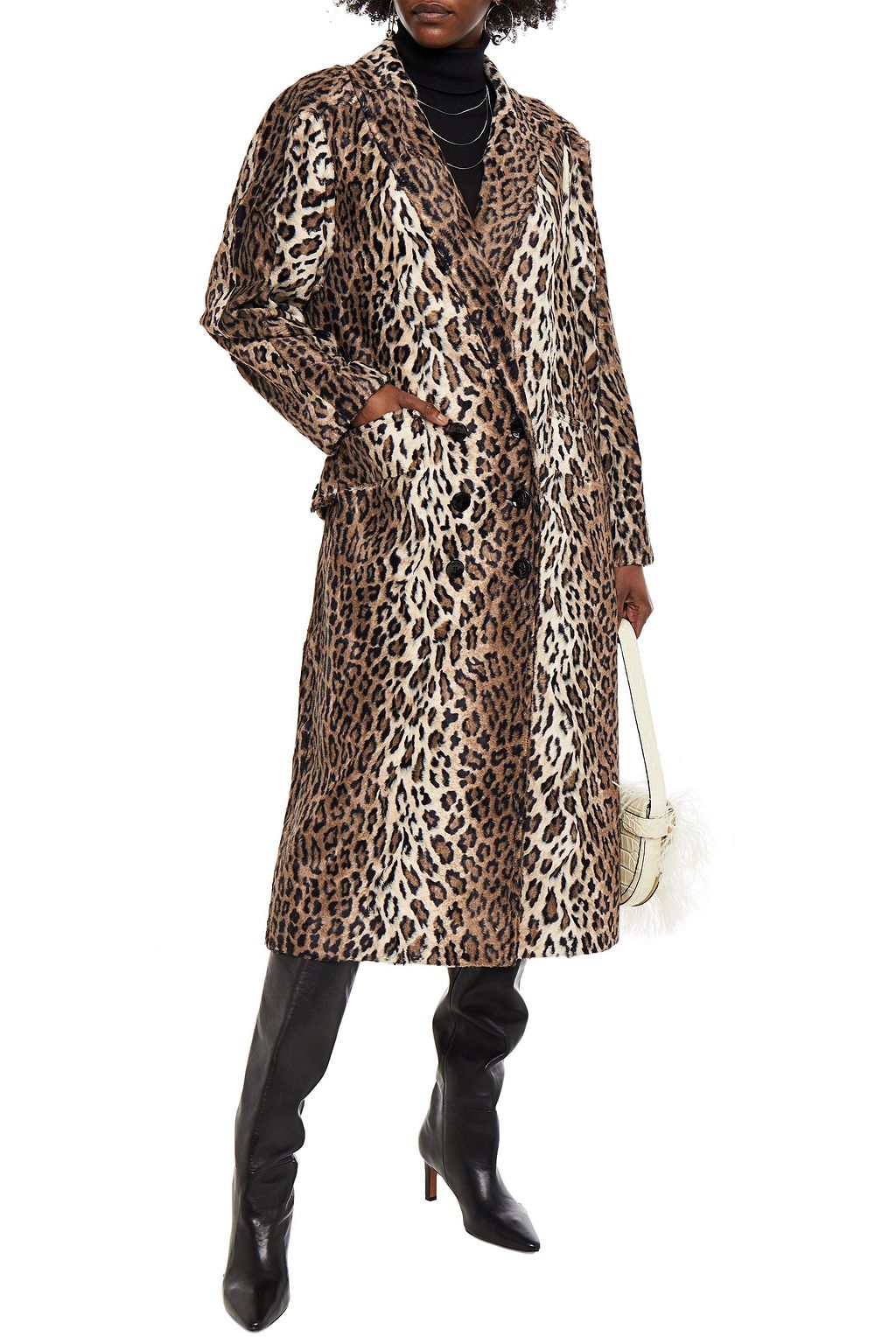 REDEMPTION Double-breasted leopard-print faux fur coat