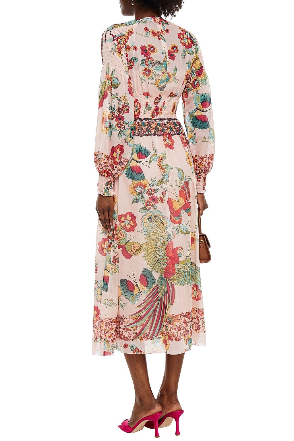 REDVALENTINO Shirred printed cotton and silk-blend voile midi dress
