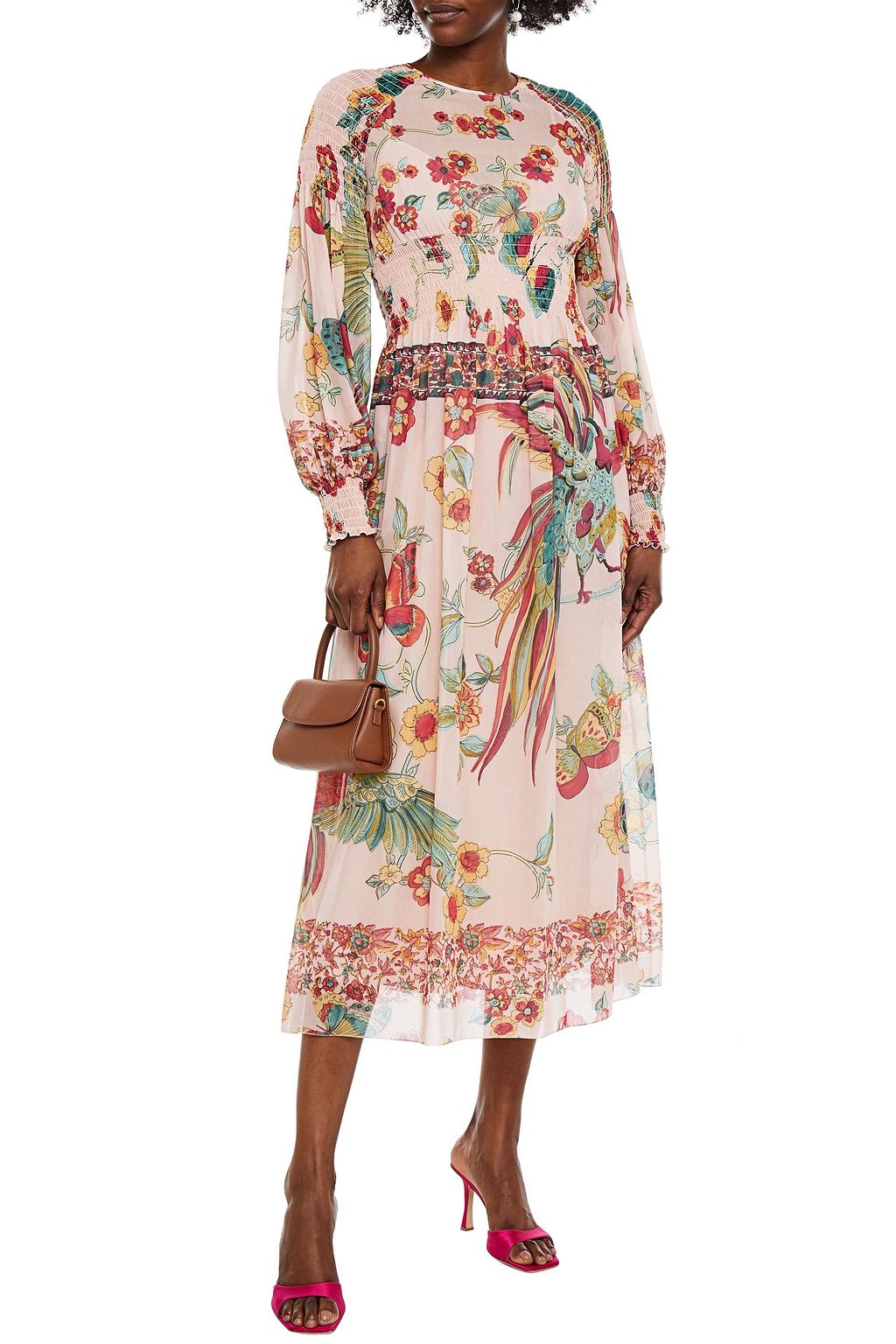 REDVALENTINO Shirred printed cotton and silk-blend voile midi dress