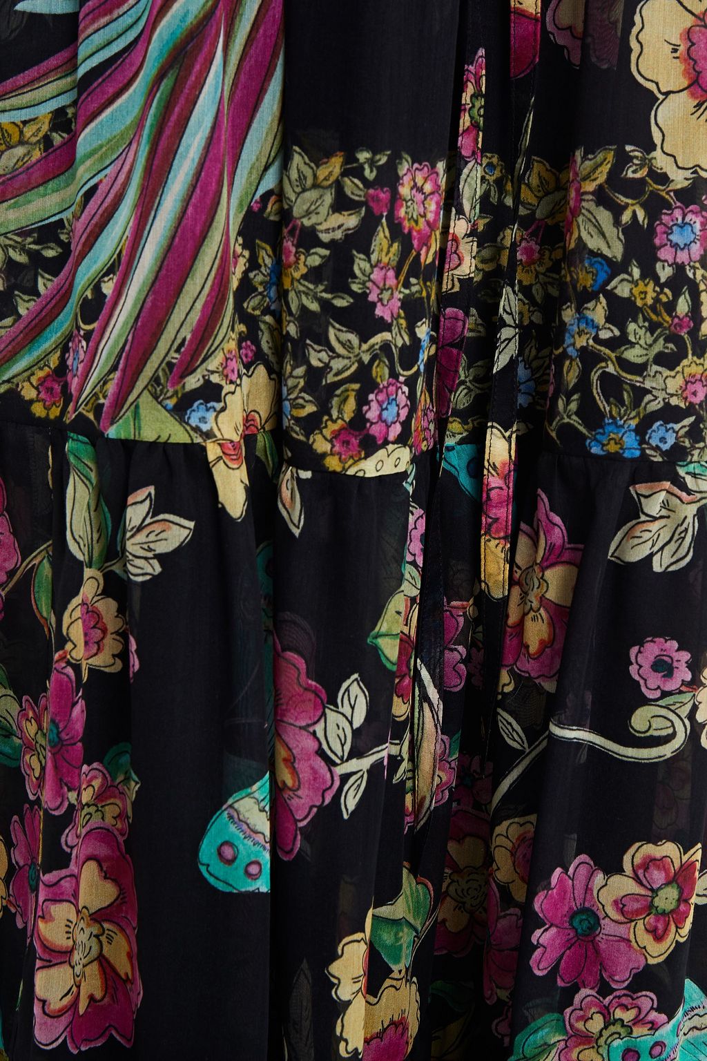 REDVALENTINO فستان متوسط الطول مكشوف الكتف من الفوال المصنوع من مزيج الحرير والقطن المطبّع بالرسومات