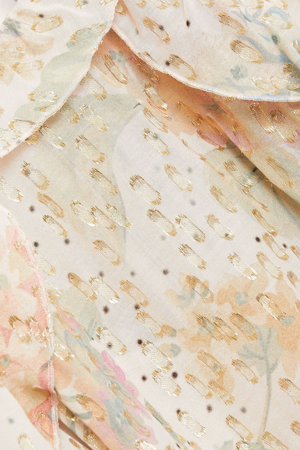 REDVALENTINO توب مكشكش بأسلوب فيل كوبيه المطبّع بالورود بلون ميتاليك