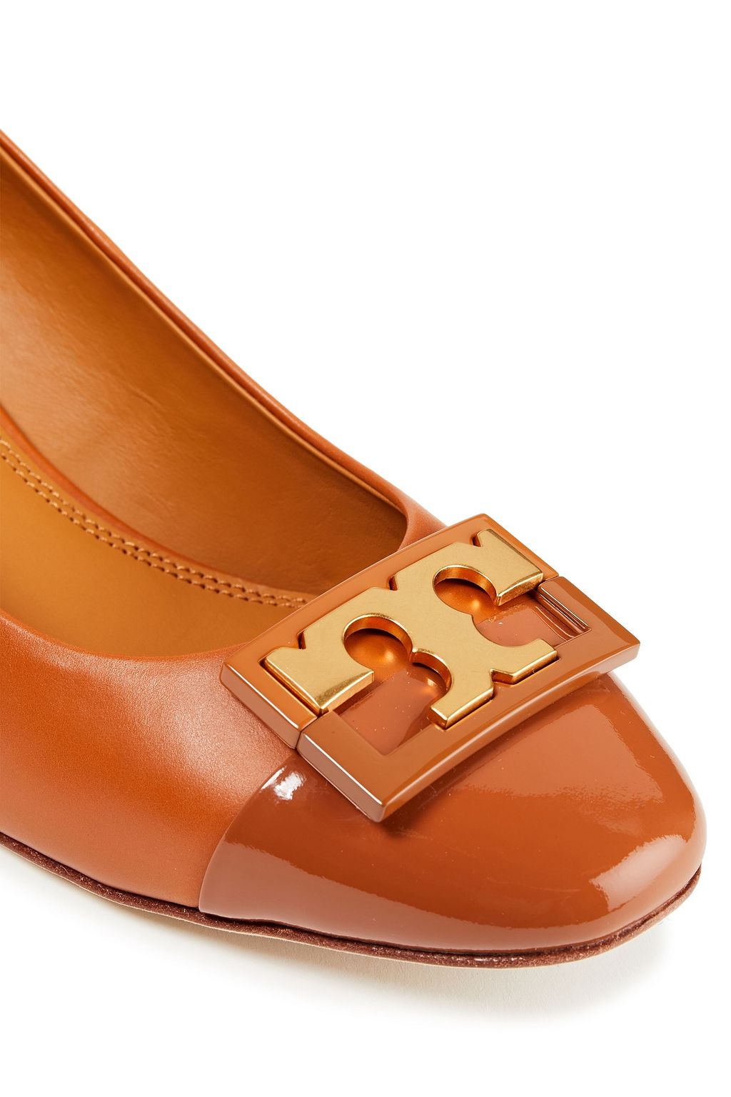 TORY BURCH Gigi embellished patent and smooth-leather wedge pumps