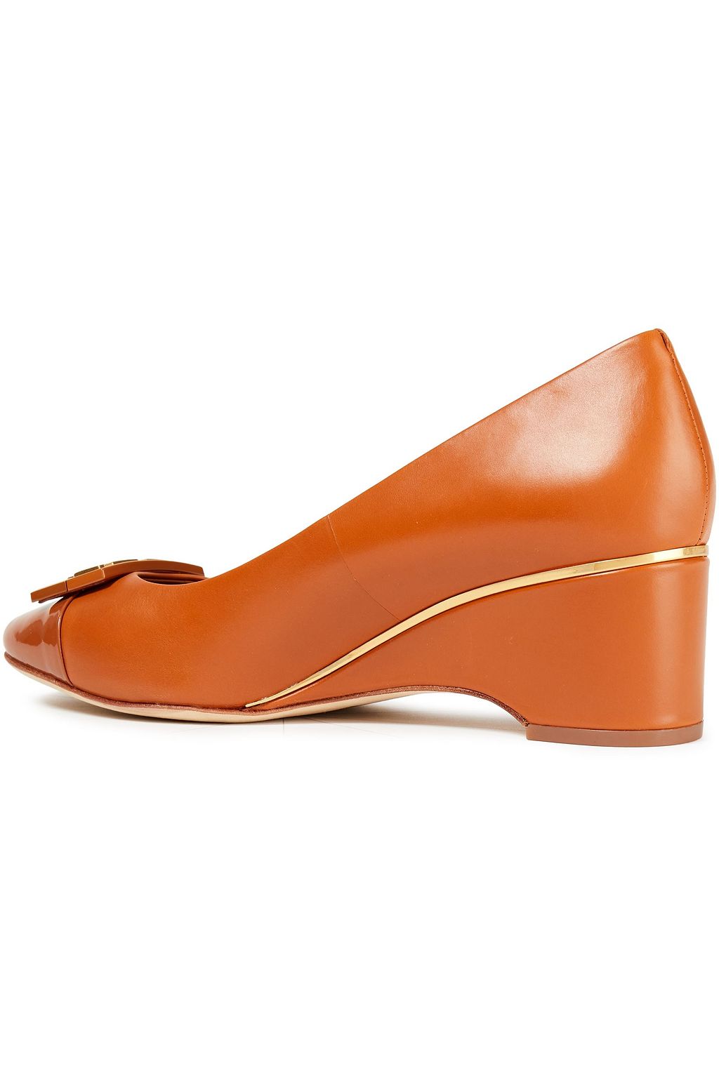 TORY BURCH Gigi embellished patent and smooth-leather wedge pumps