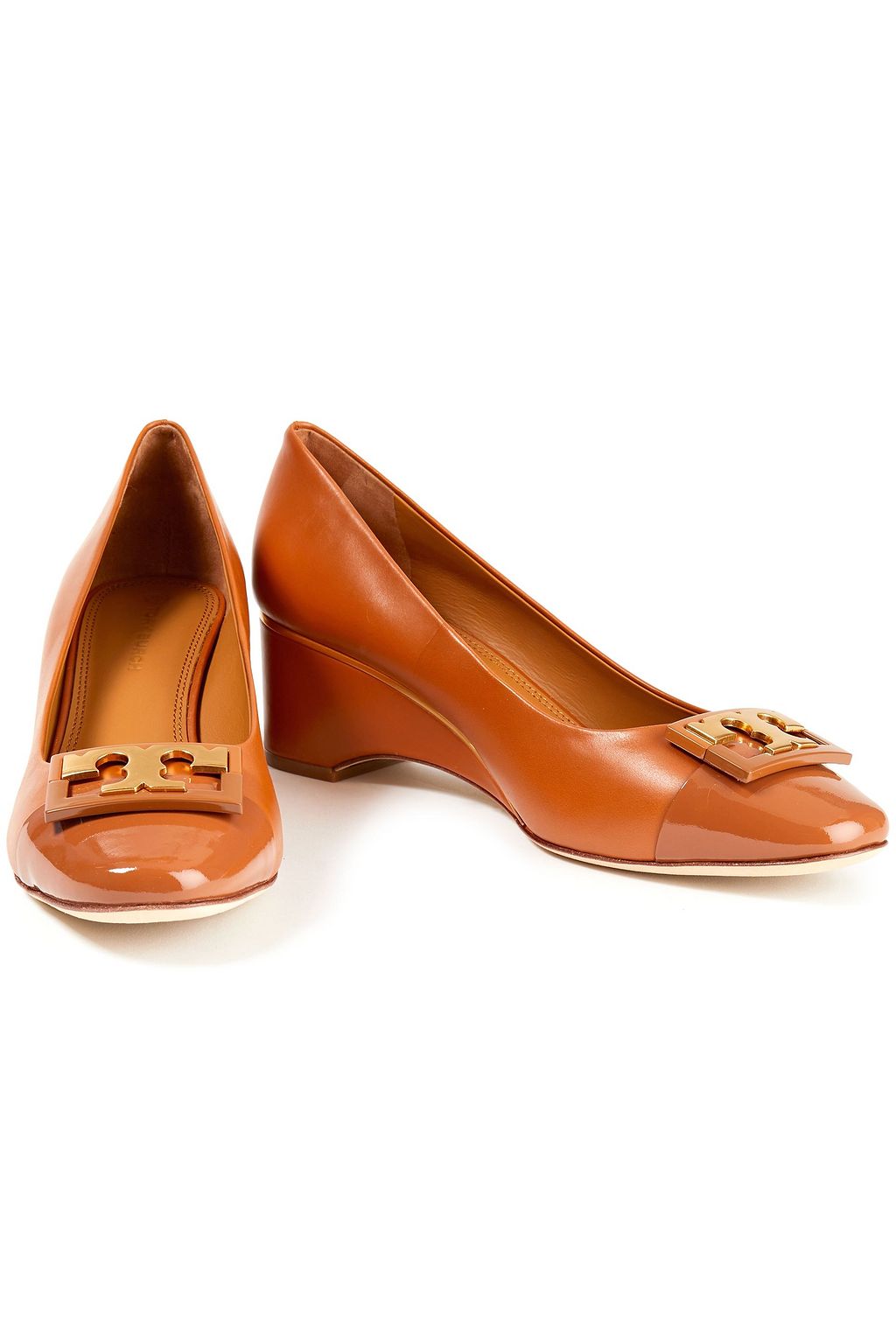TORY BURCH Gigi embellished patent and smooth-leather wedge pumps