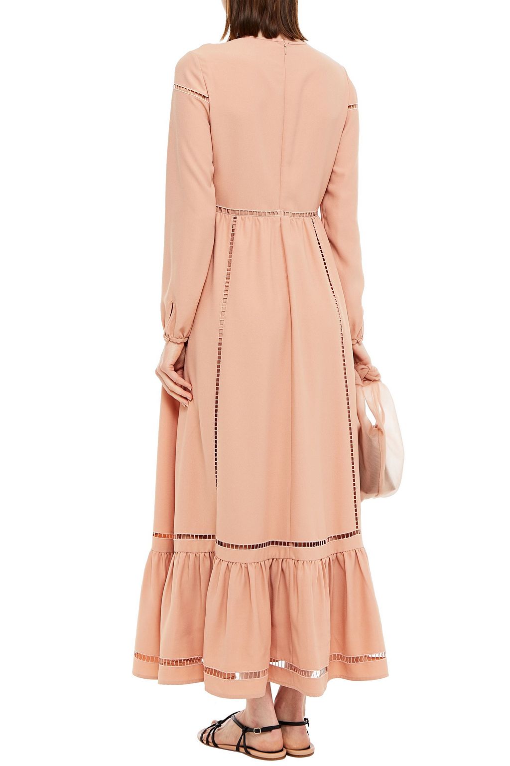 REDVALENTINO Lattice-trimmed gathered satin-crepe maxi dress
