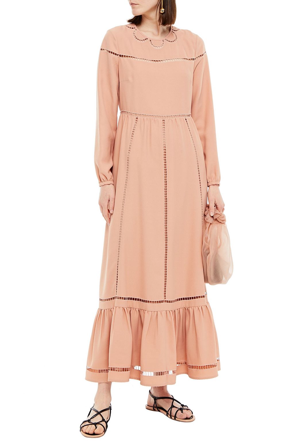 REDVALENTINO Lattice-trimmed gathered satin-crepe maxi dress