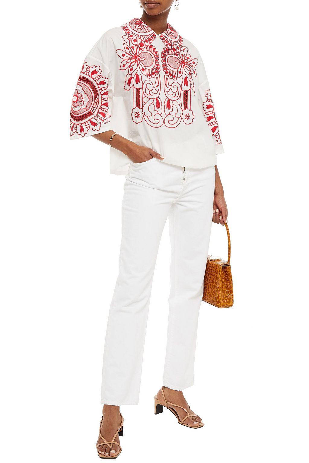 REDVALENTINO Embroidered cotton-poplin blouse