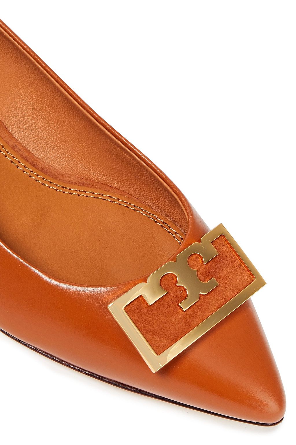 TORY BURCH Logo-appliquéd leather and suede point-toe flats
