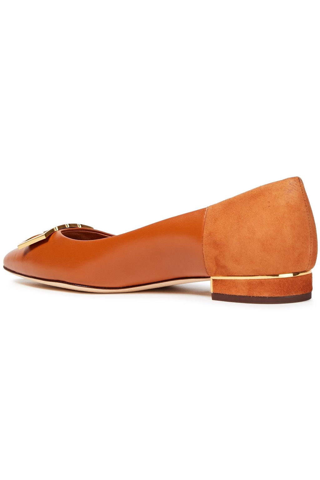 TORY BURCH Logo-appliquéd leather and suede point-toe flats