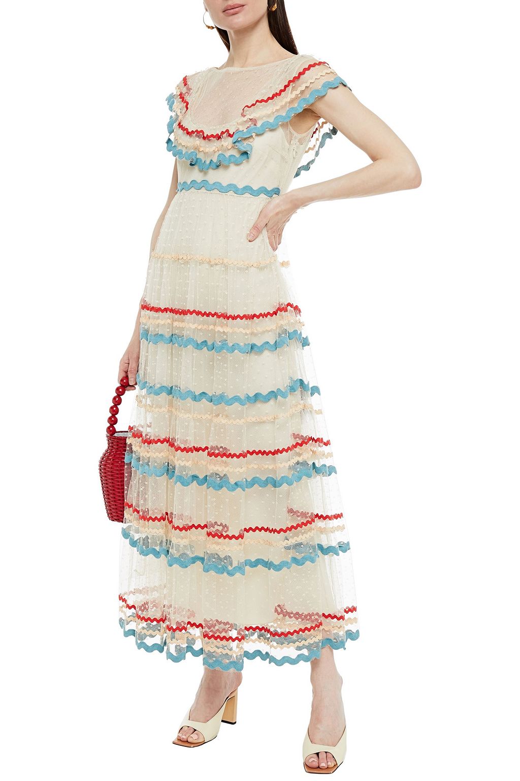 REDVALENTINO Rickrack-trimmed ruffled point d'esprit midi dress