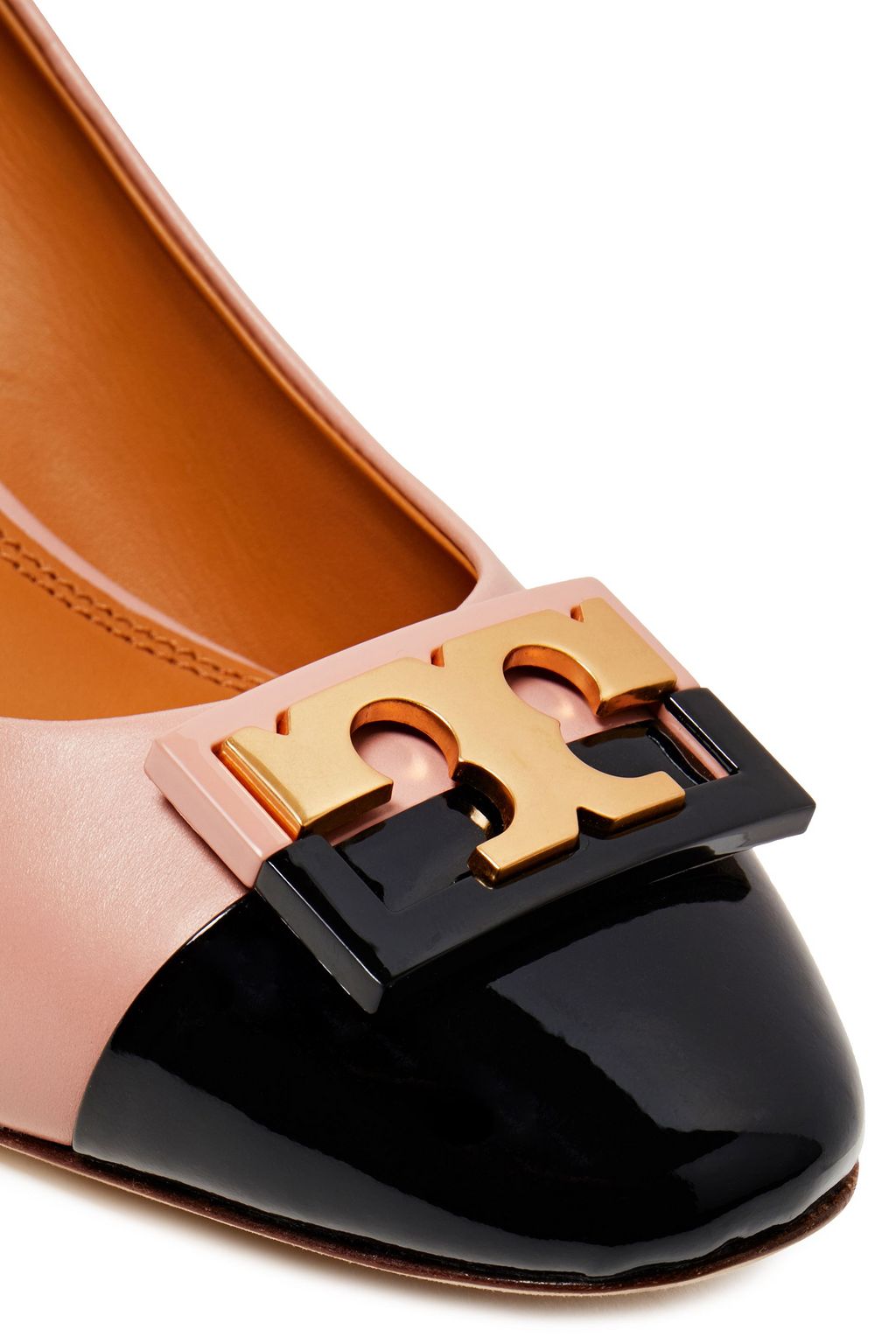 TORY BURCH Gigi embellished patent and smooth-leather wedge pumps
