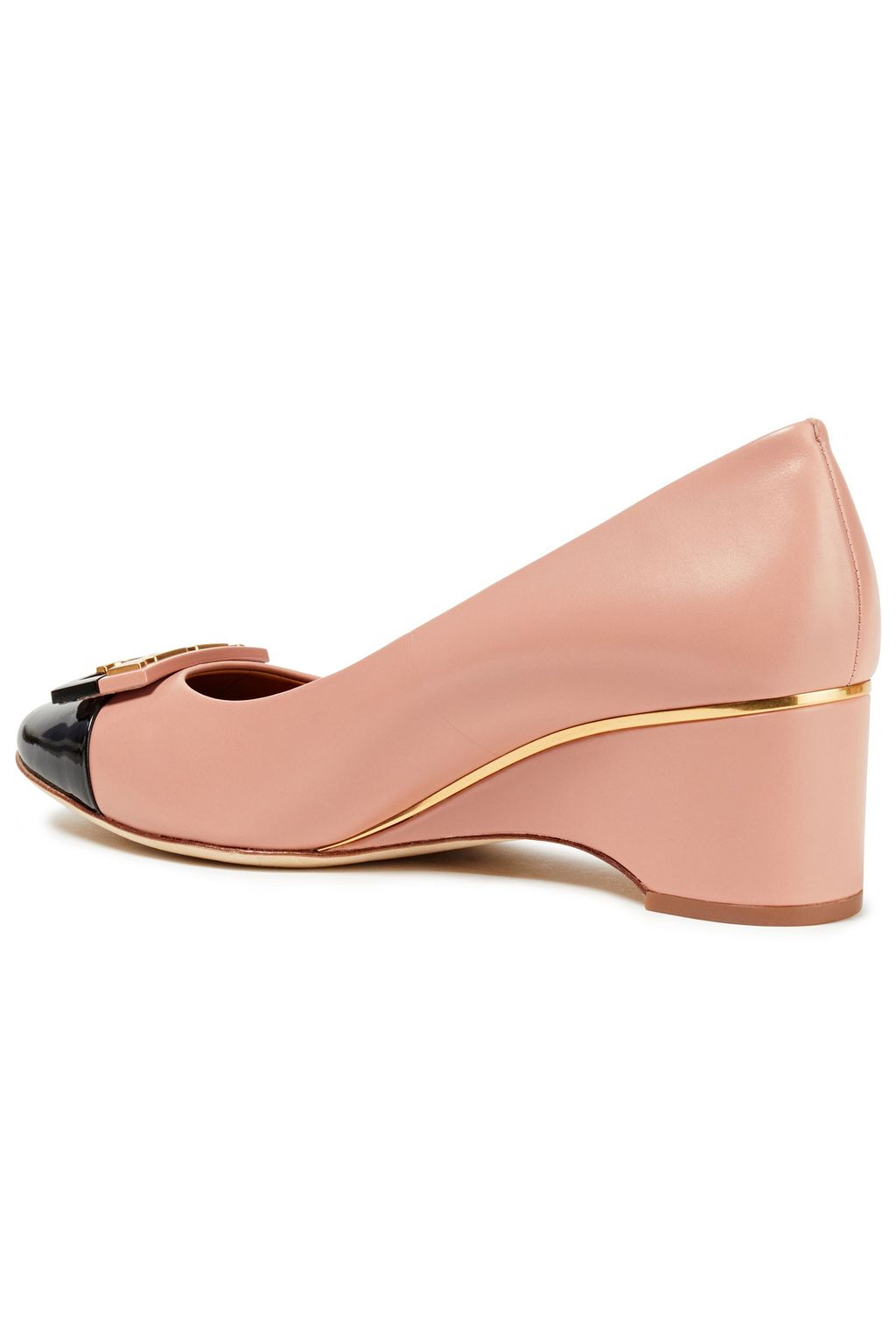 TORY BURCH Gigi embellished patent and smooth-leather wedge pumps