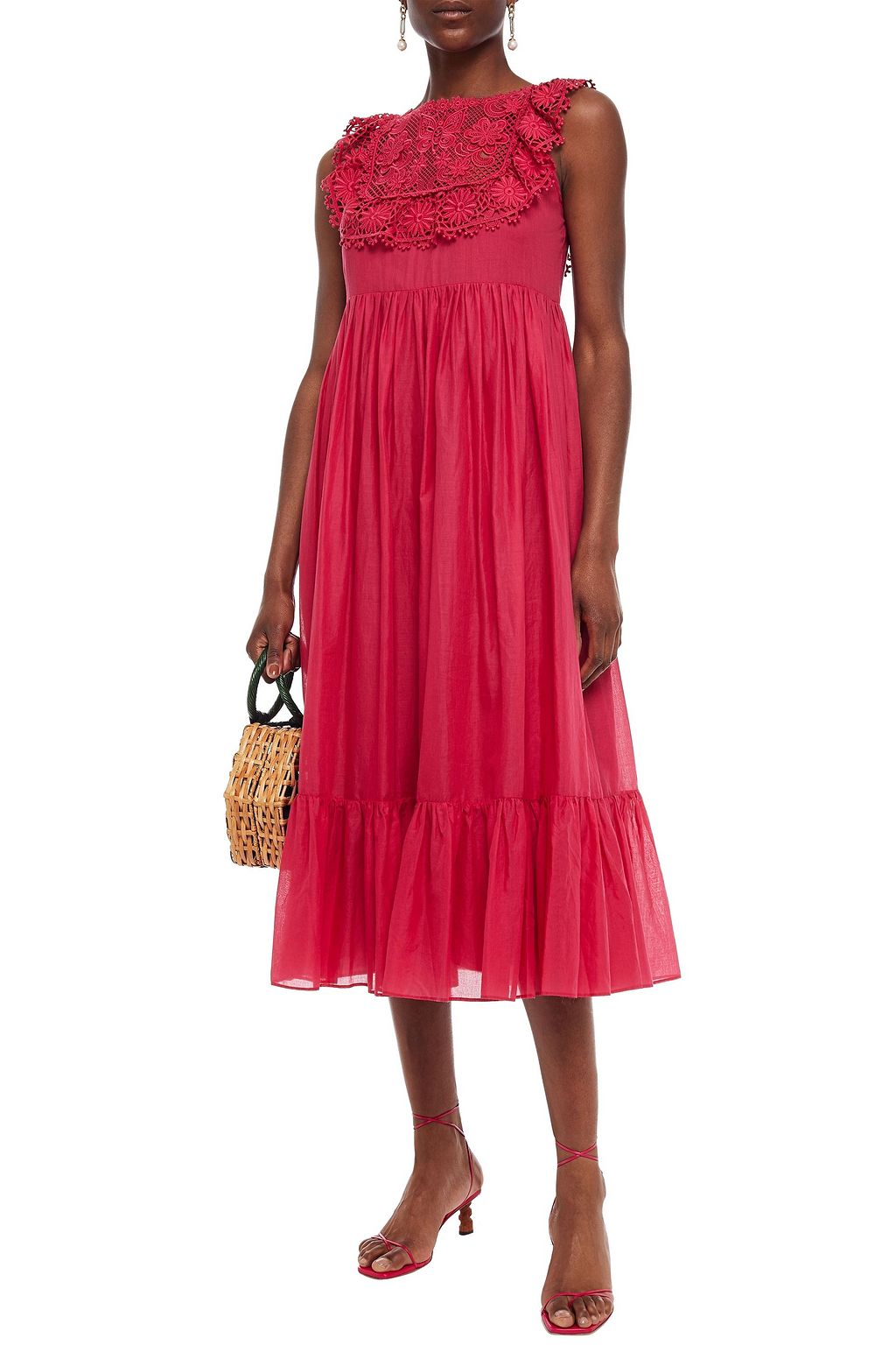 REDVALENTINO Guipure lace-paneled cotton-voile midi dress
