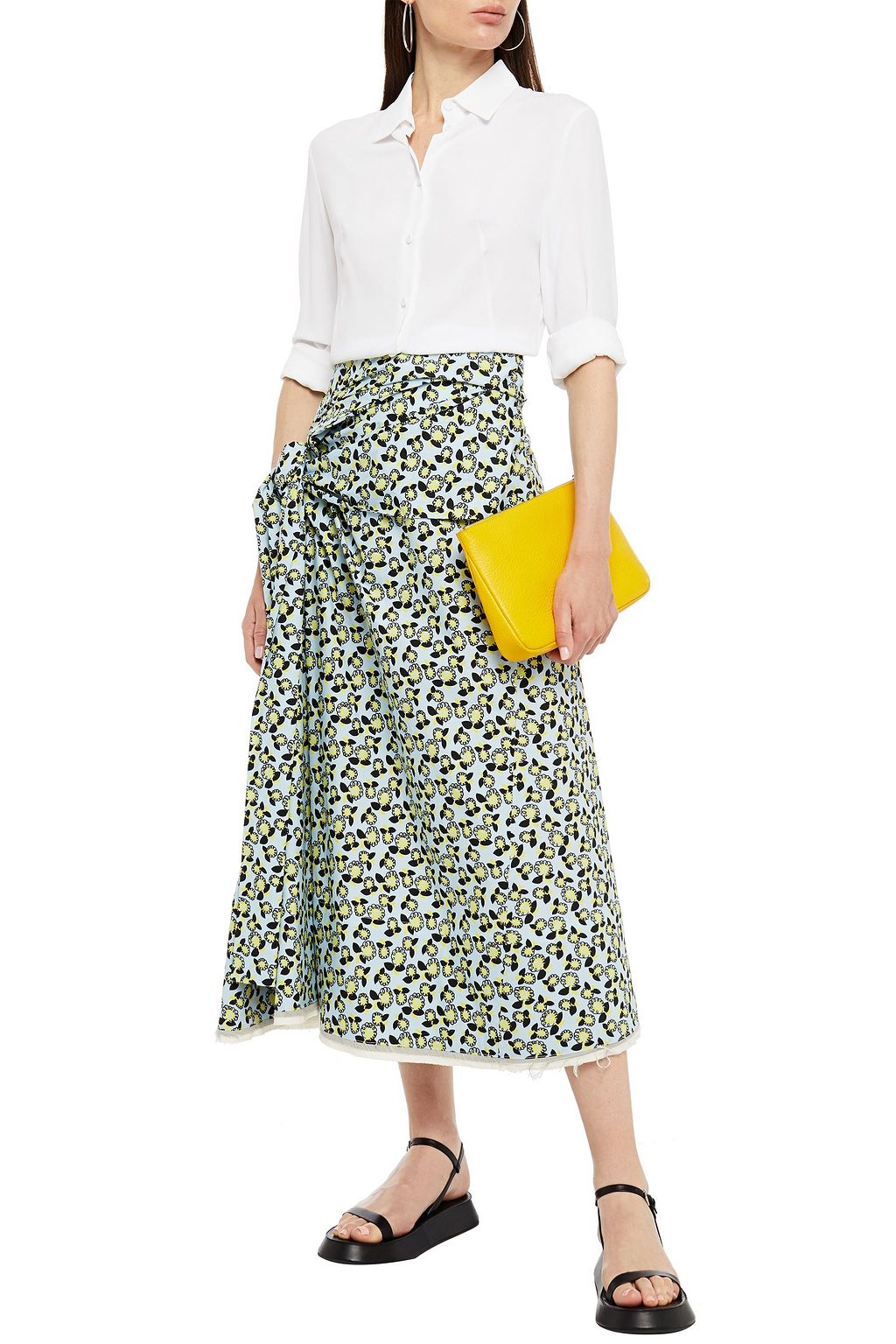 MARNI Knotted printed cotton and linen-blend midi skirt