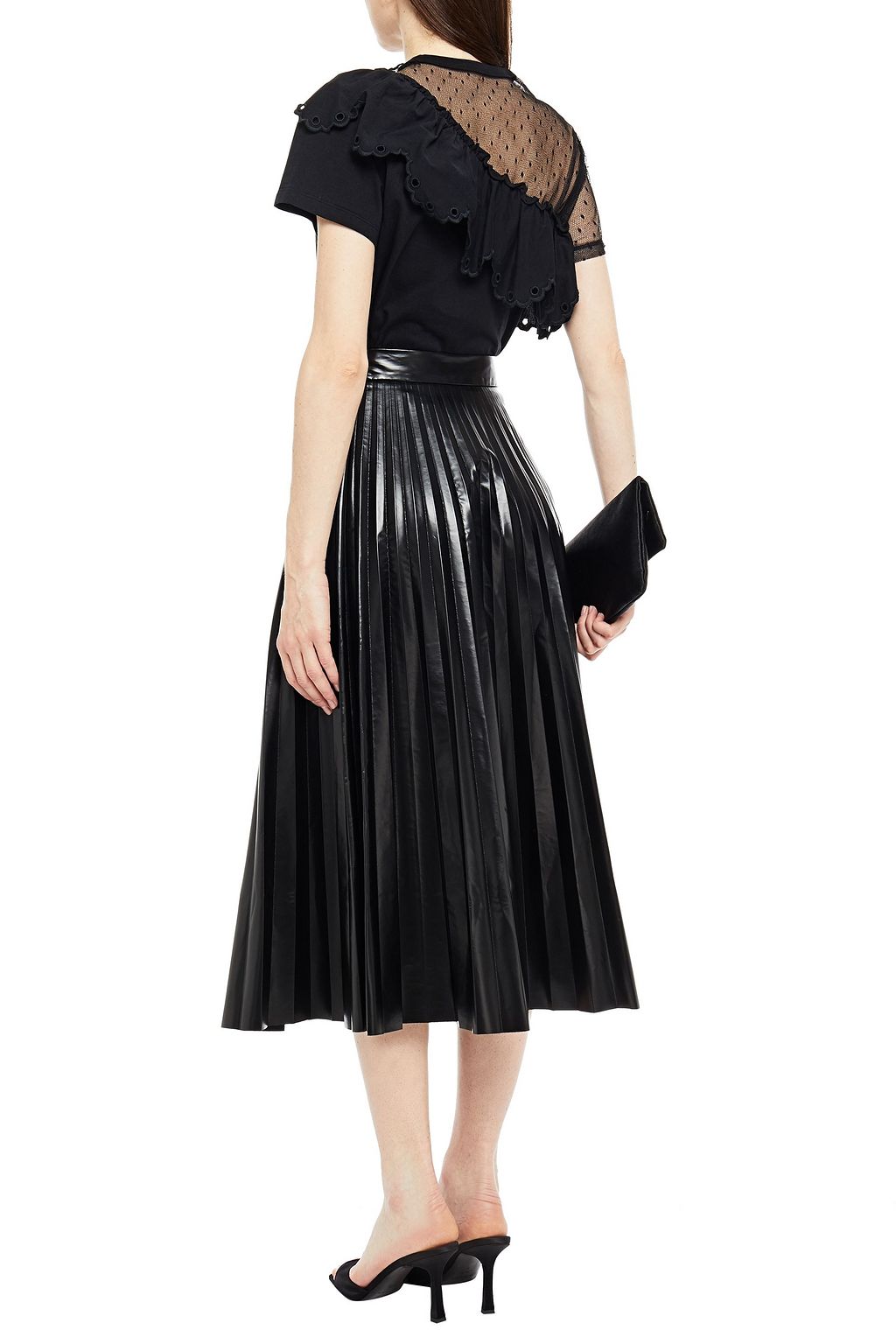 REDVALENTINO Ruffled point d'esprit paneled cotton-jersey T-shirt