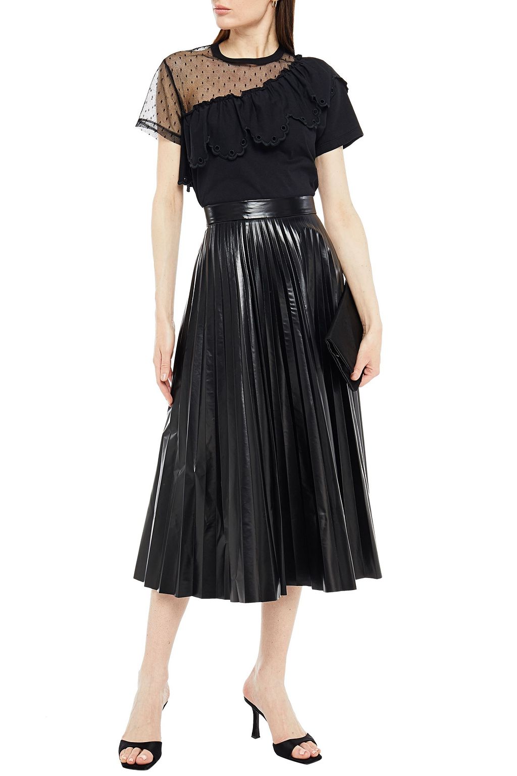 REDVALENTINO Ruffled point d'esprit paneled cotton-jersey T-shirt
