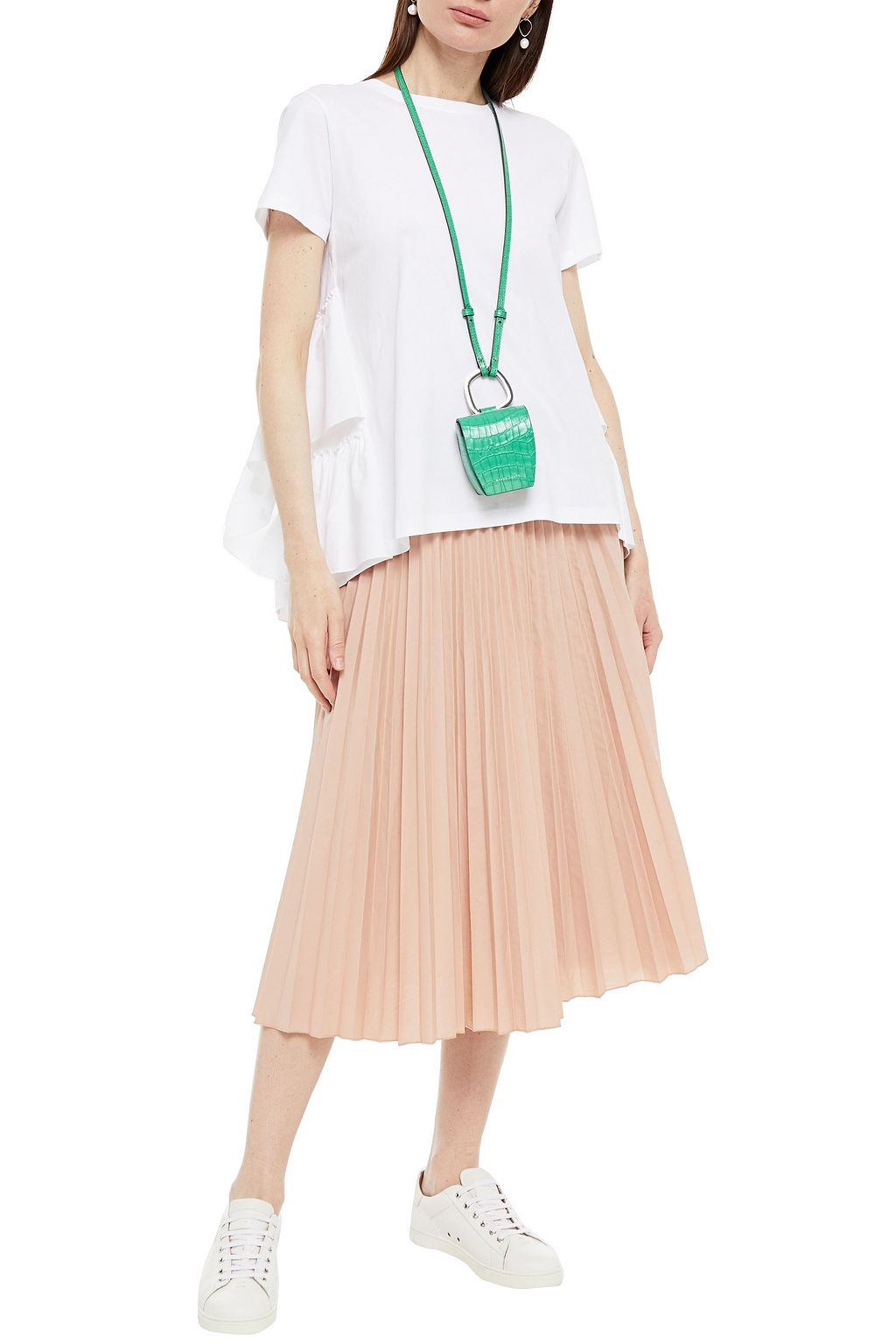 REDVALENTINO Ruffled cotton-poplin and jersey top