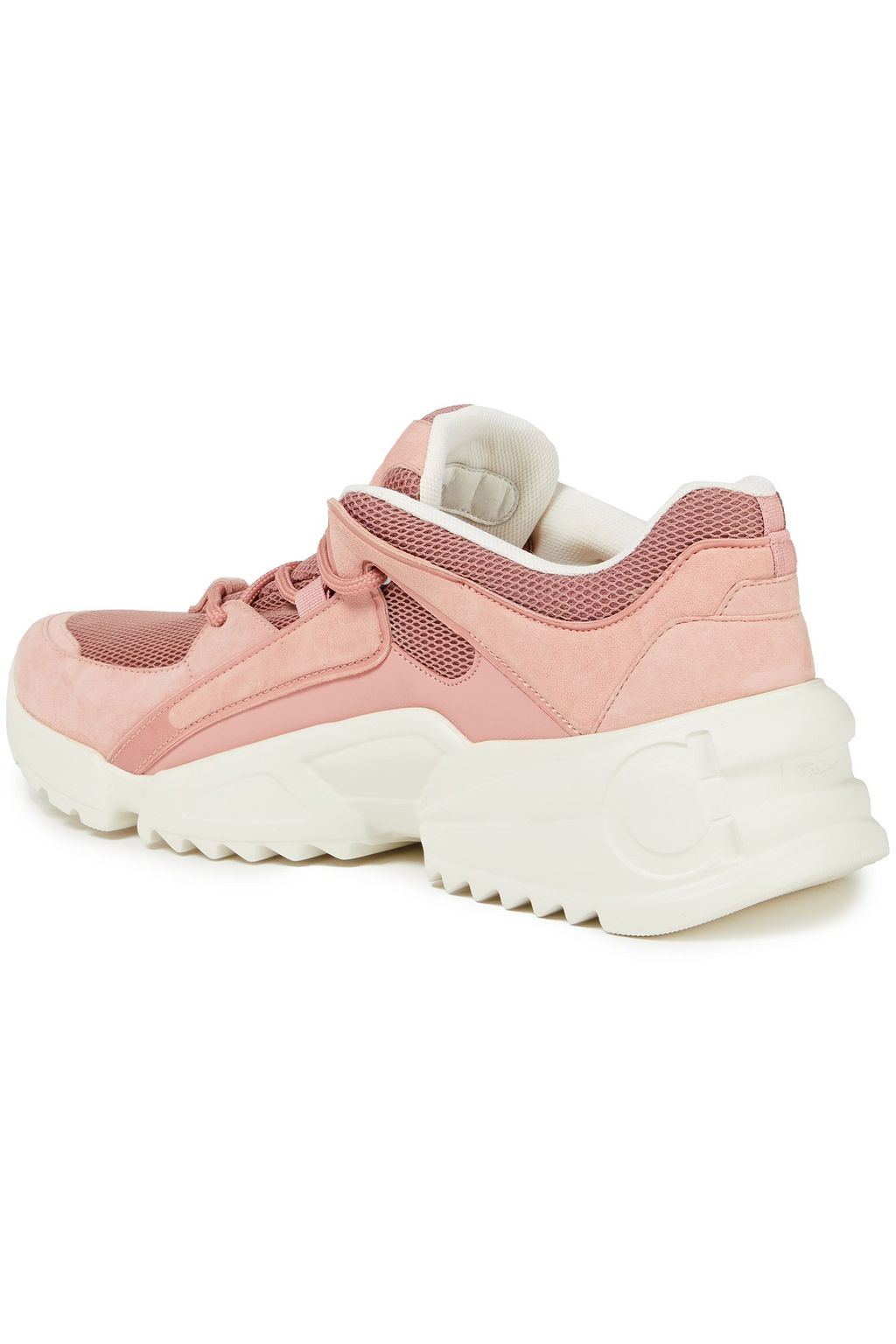 FERRAGAMO Skylar patent leather-trimmed suede and mesh sneakers