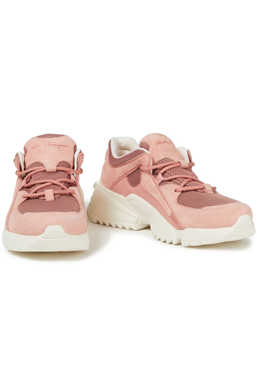 FERRAGAMO Skylar patent leather-trimmed suede and mesh sneakers