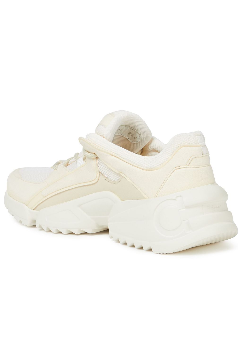 FERRAGAMO Skylar patent leather-trimmed suede and mesh sneakers
