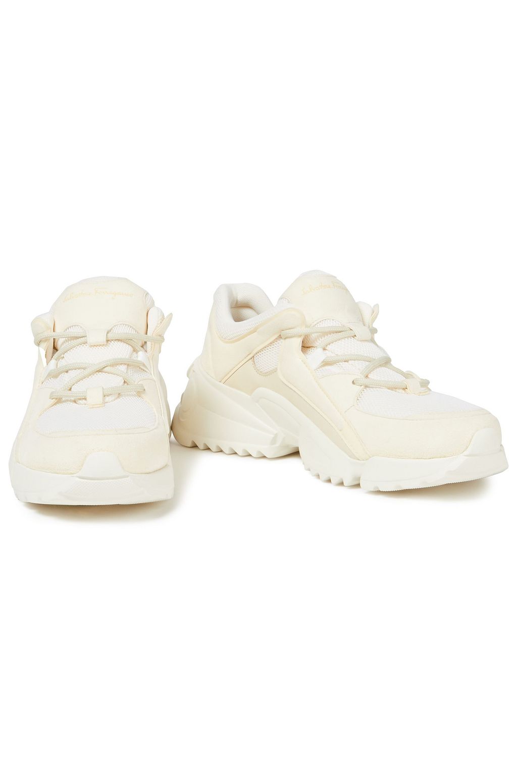 FERRAGAMO Skylar patent leather-trimmed suede and mesh sneakers
