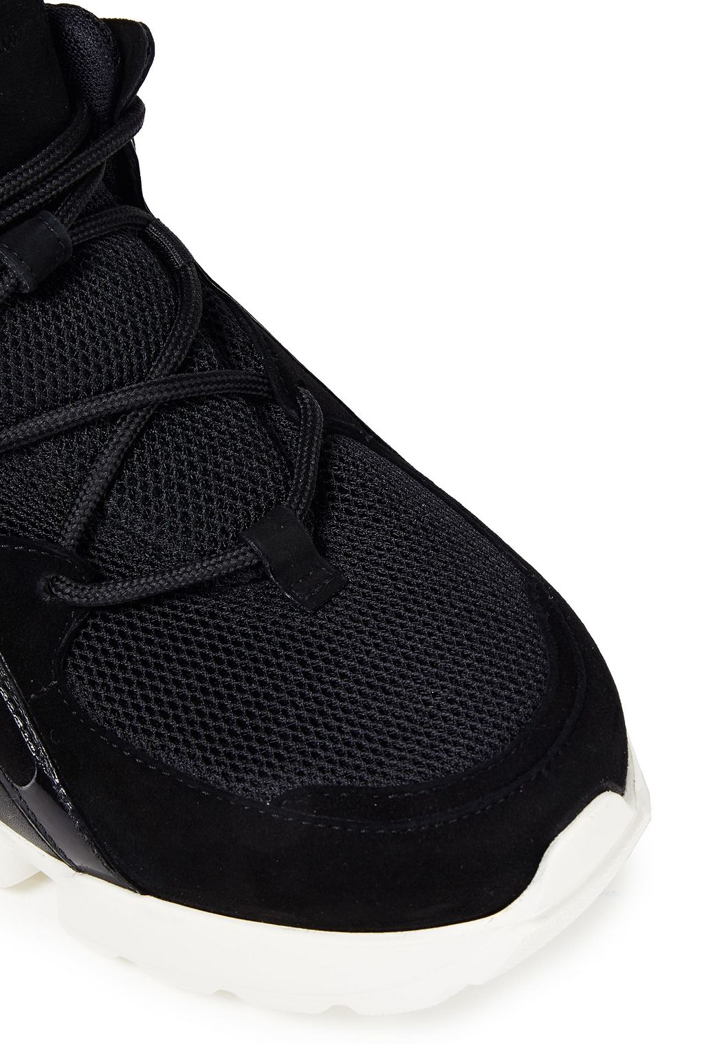 FERRAGAMO Skylar patent leather-trimmed suede and mesh sneakers